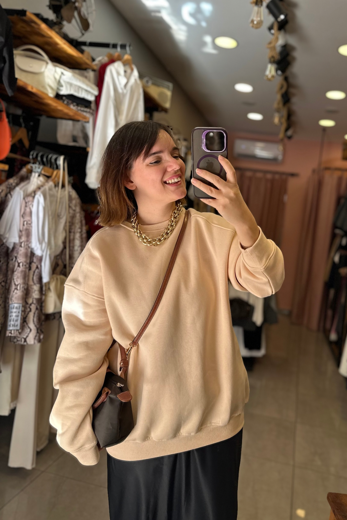 Şardonlu Bisiklet Yaka Sweat - BEJ