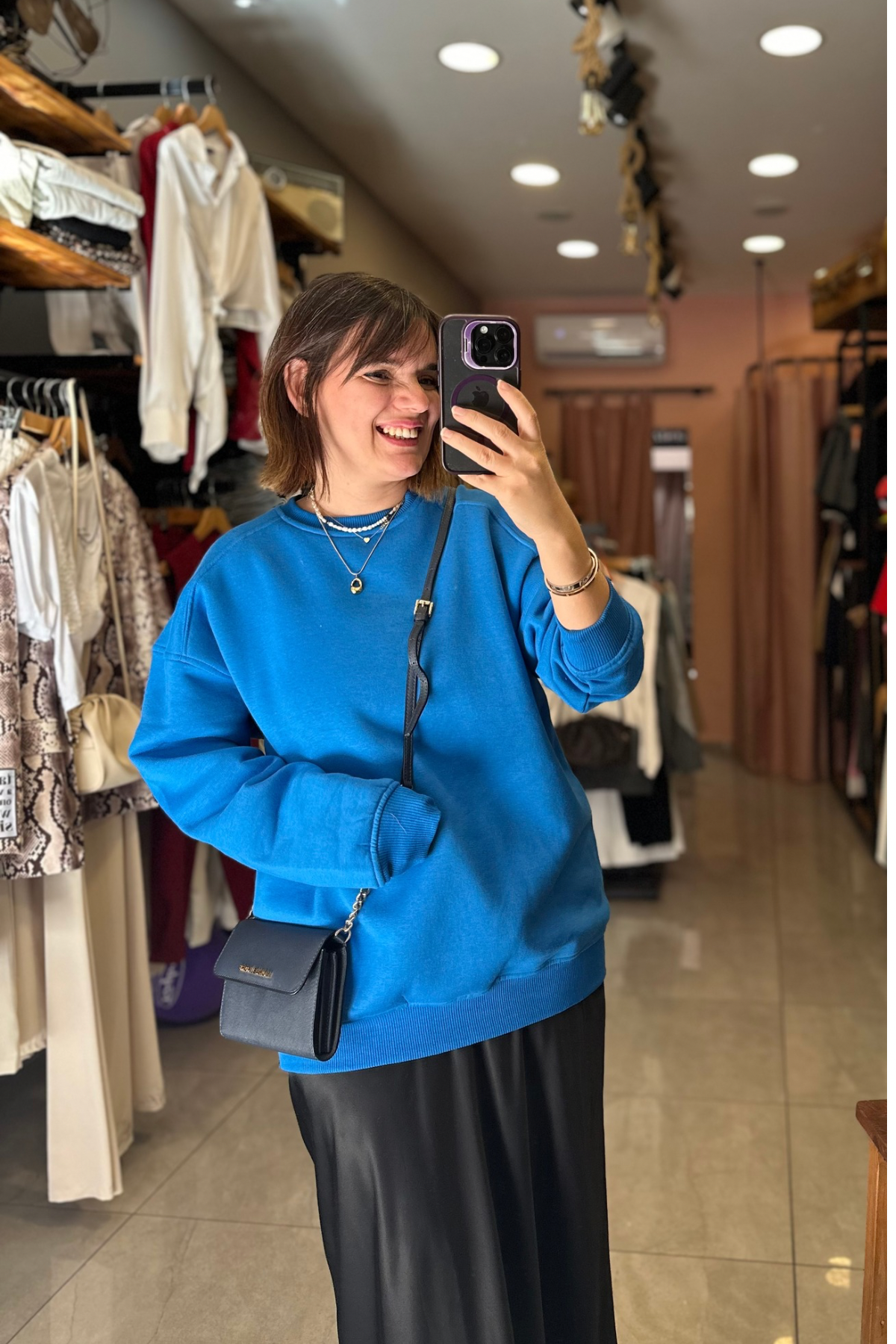 Şardonlu Bisiklet Yaka Sweat - SAKS MAVİ