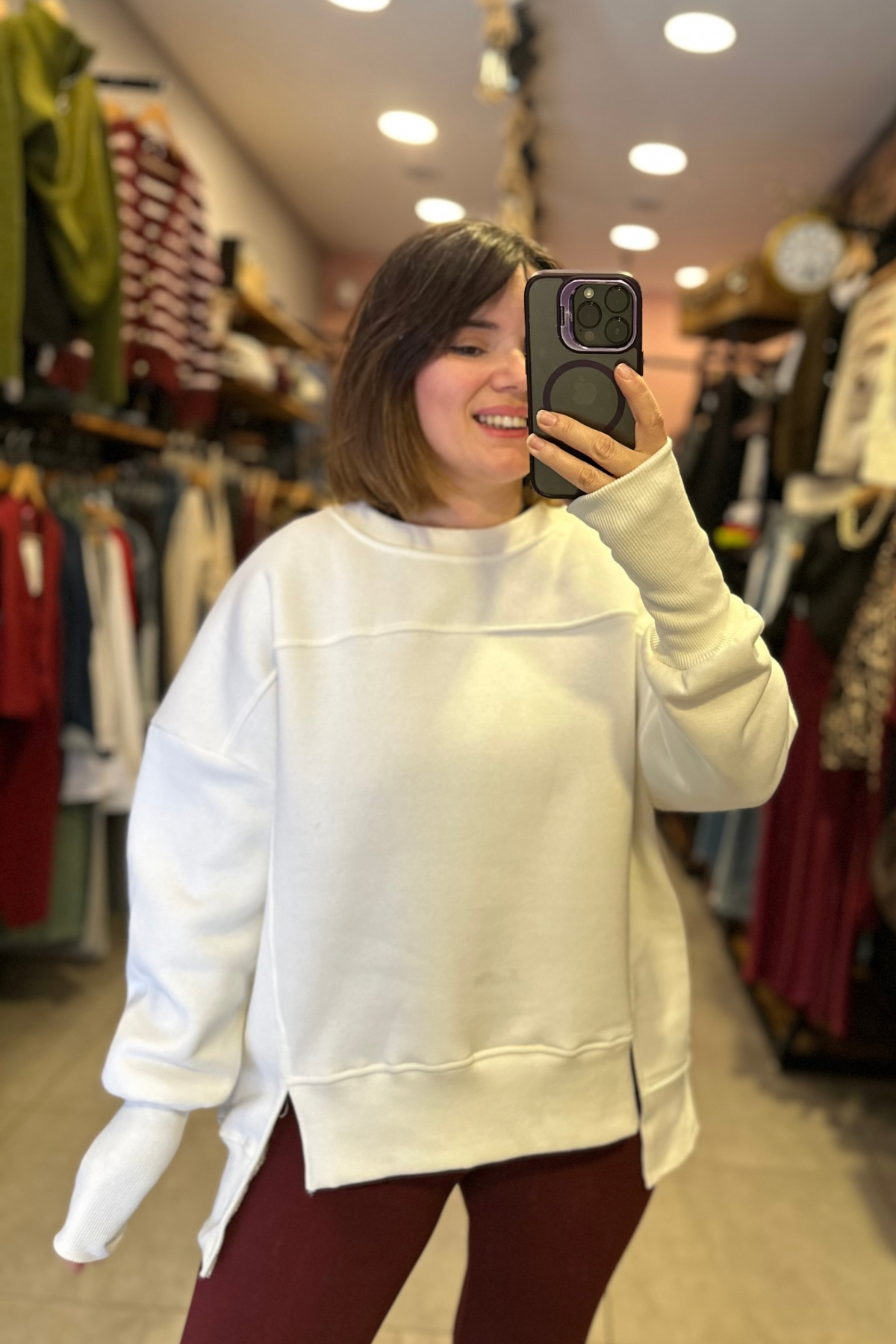 Şardonlu Yırtmaç Detay Sweat - Beyaz