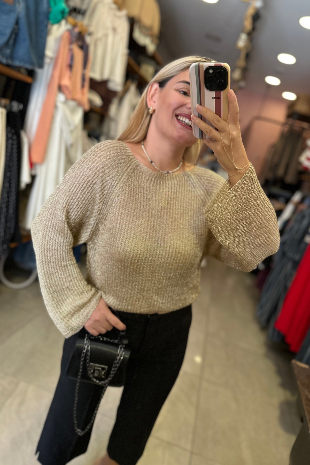 Simli Gold File Örme Triko Bluz