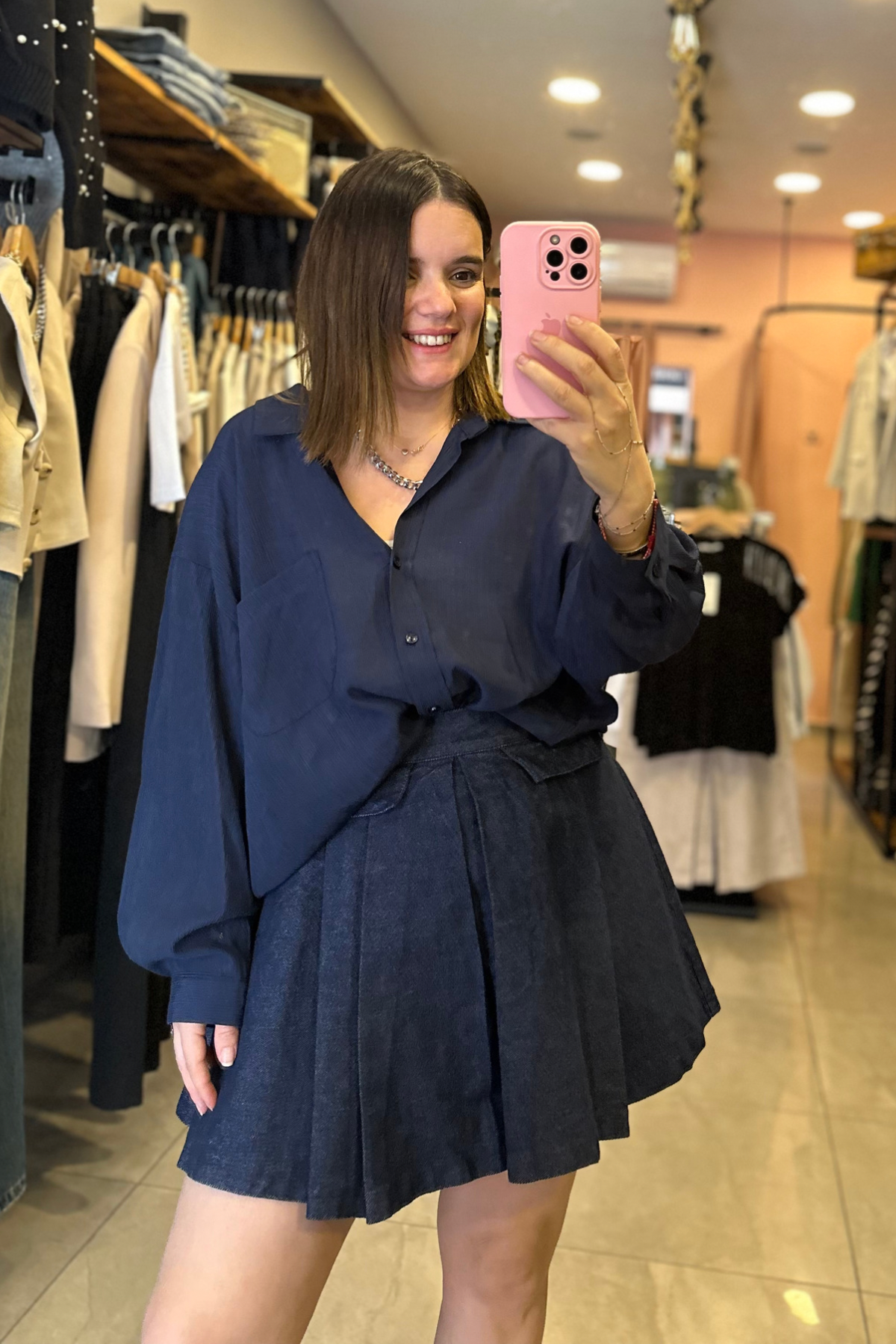Tek Cep Krinkıl Kumaş Oversize Lacivert Gömlek