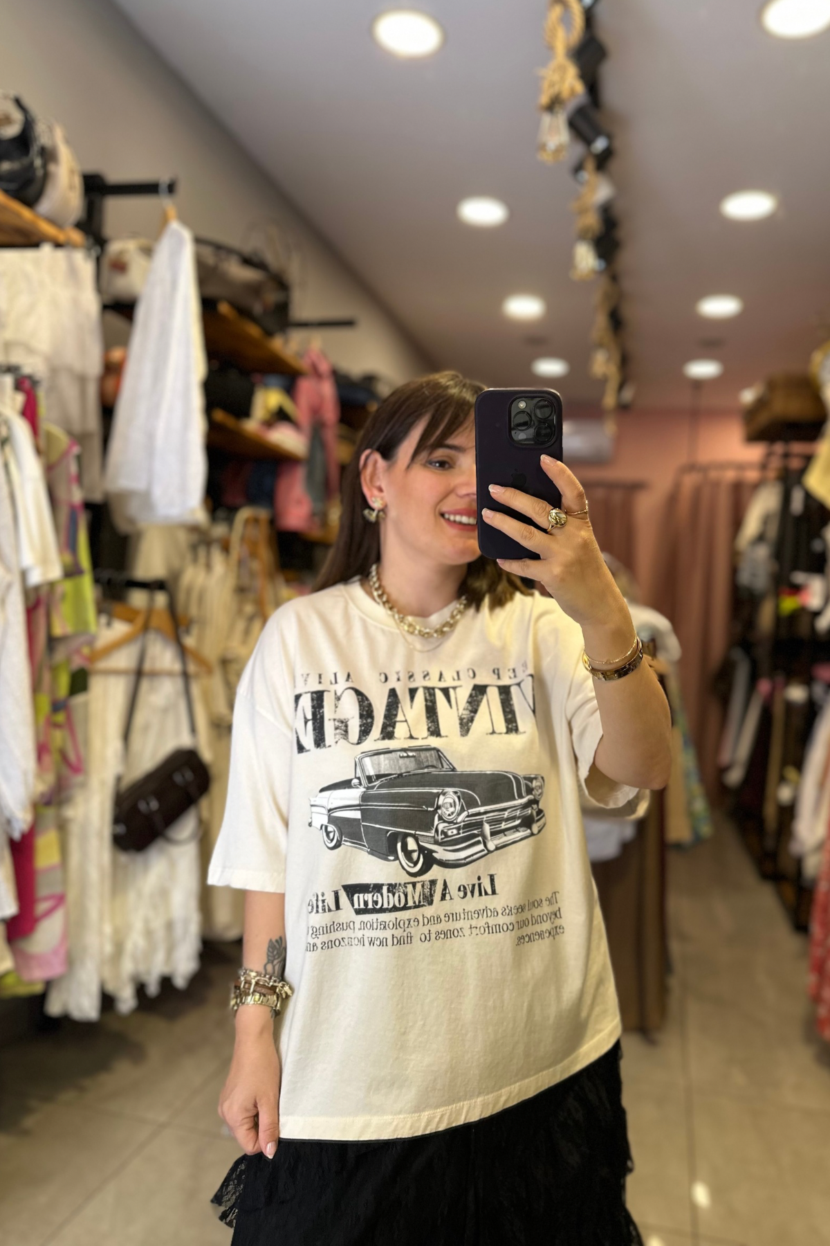 Vintage Car Baskılı Tişört - Bej