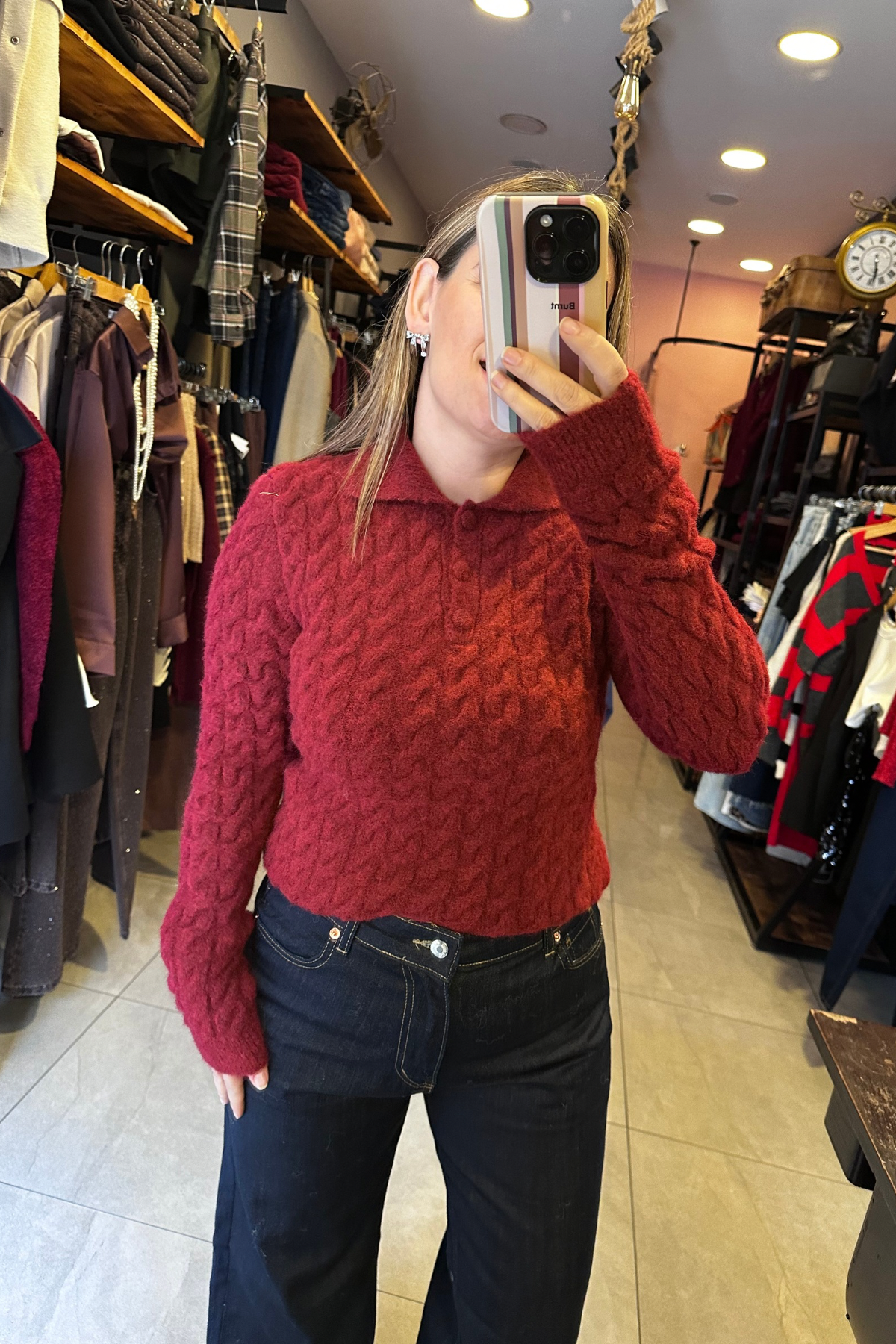 Yumoş Dokulu Polo Yaka Triko Kazak - Bordo