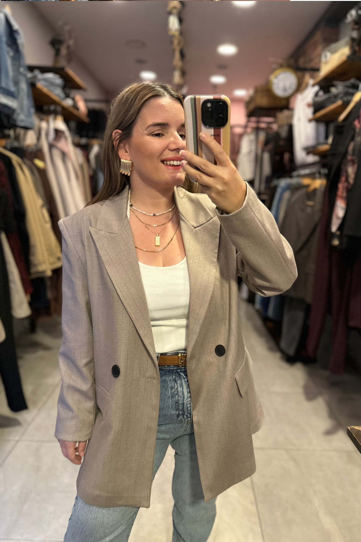  Çizgili Blazer - Taş Rengi