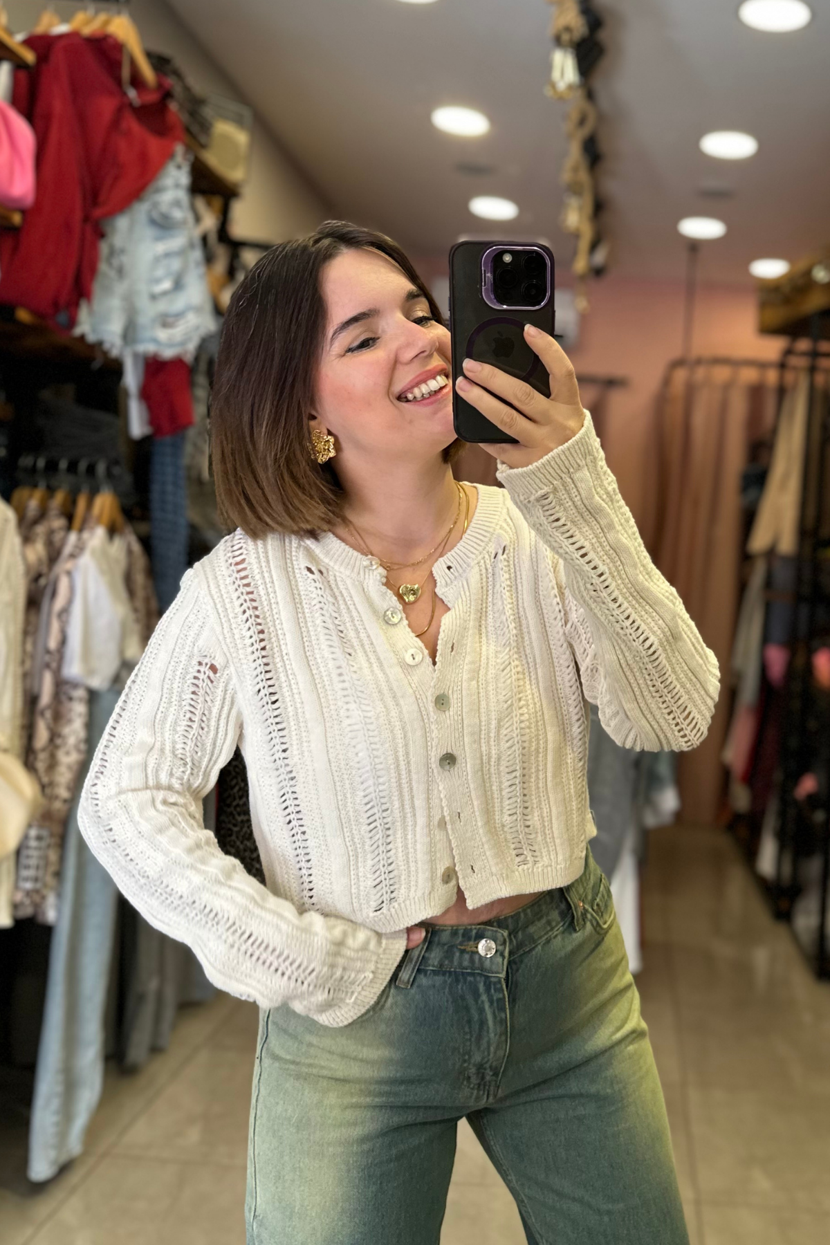 Ajurlu Triko Hırka - EKRU