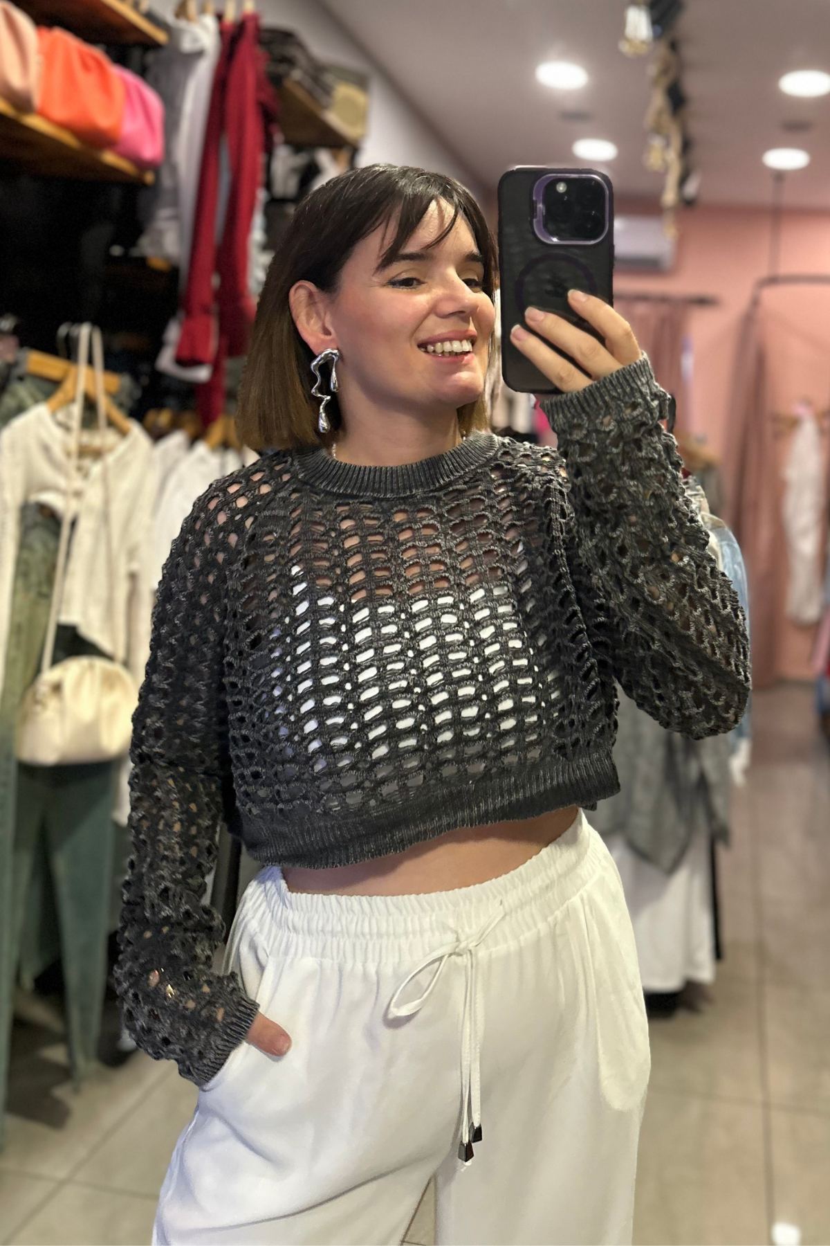 Antrasit Eskitme Delikli Triko