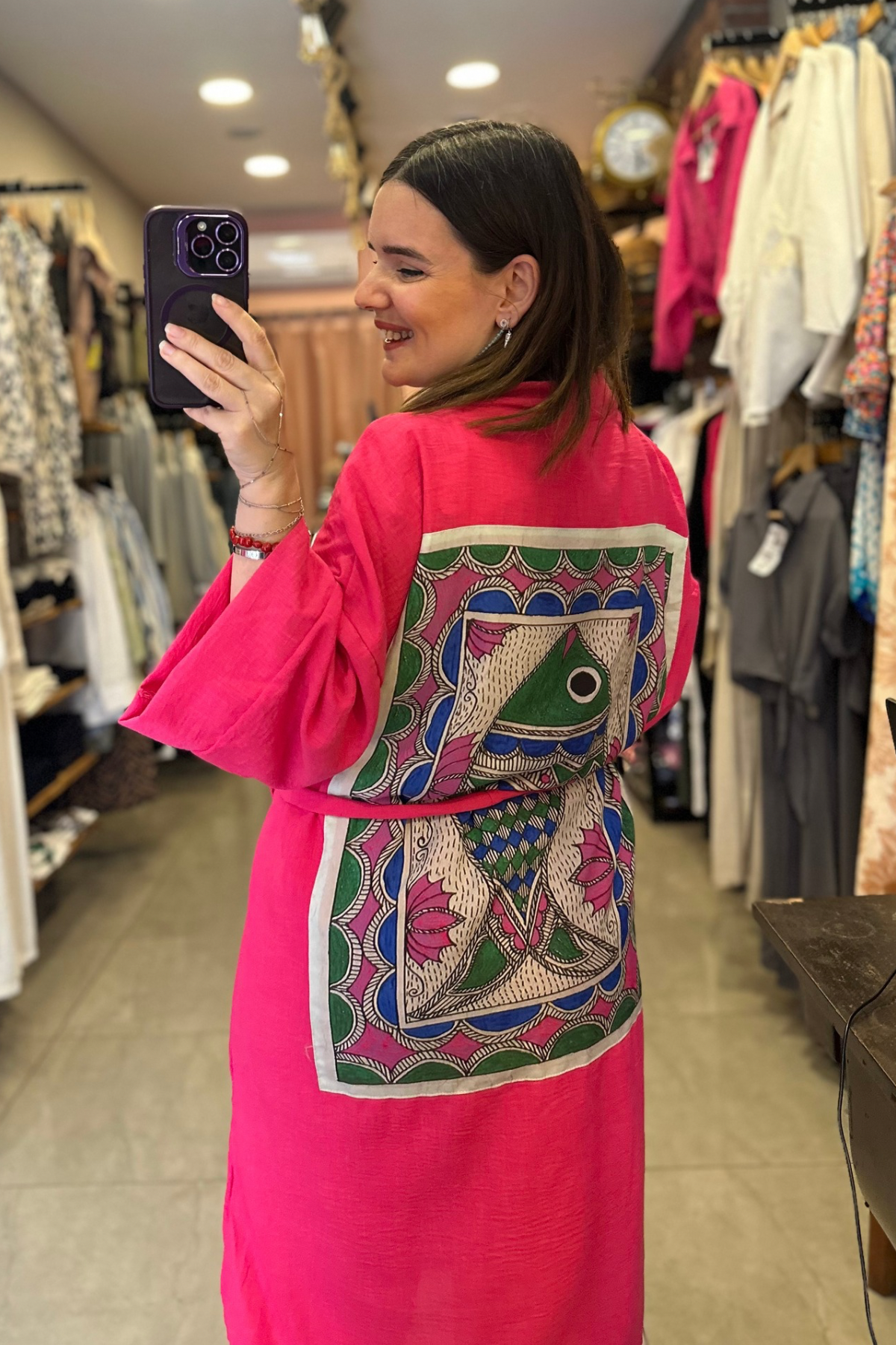 Arkası Balık Baskılı Keten Kimono (Fuşya)