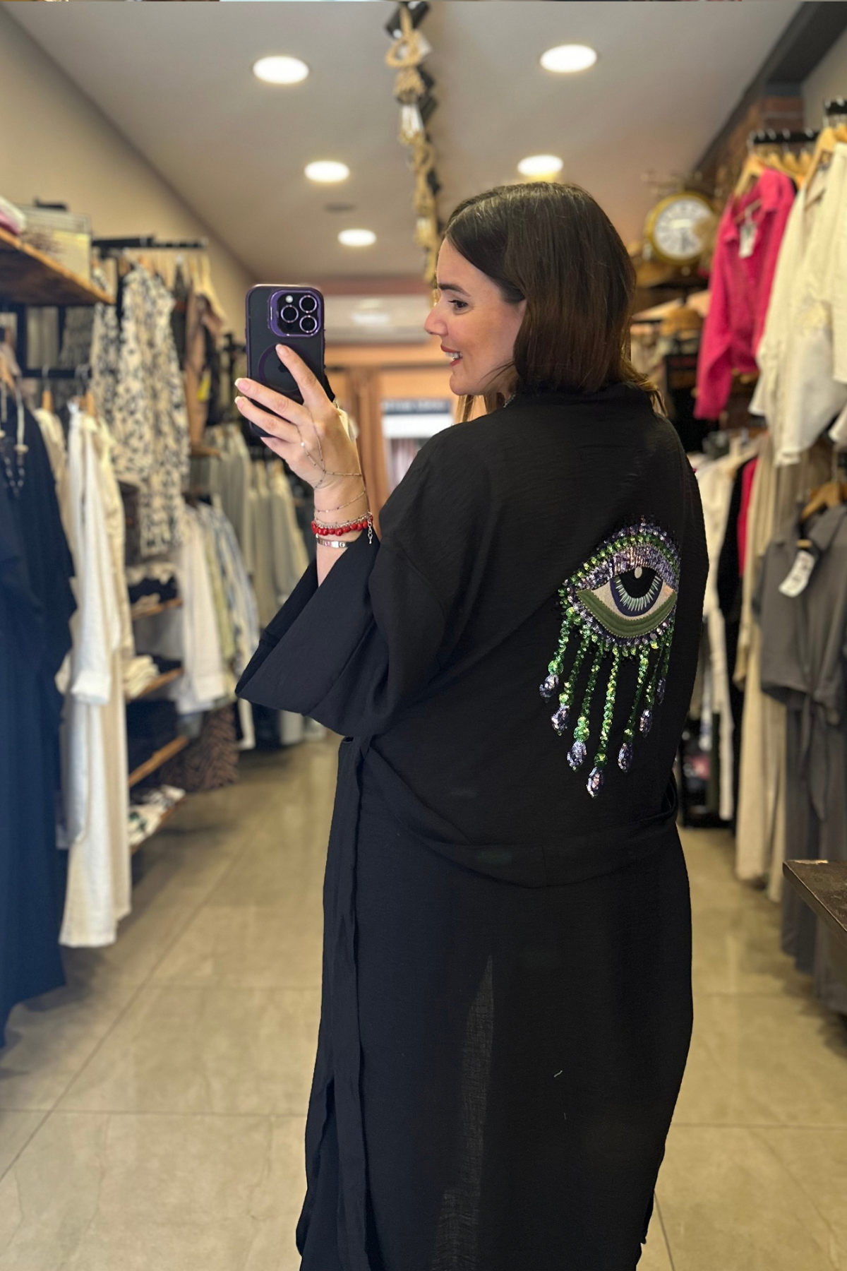 Arkası Göz Göz Nakışlı Keten Kimono