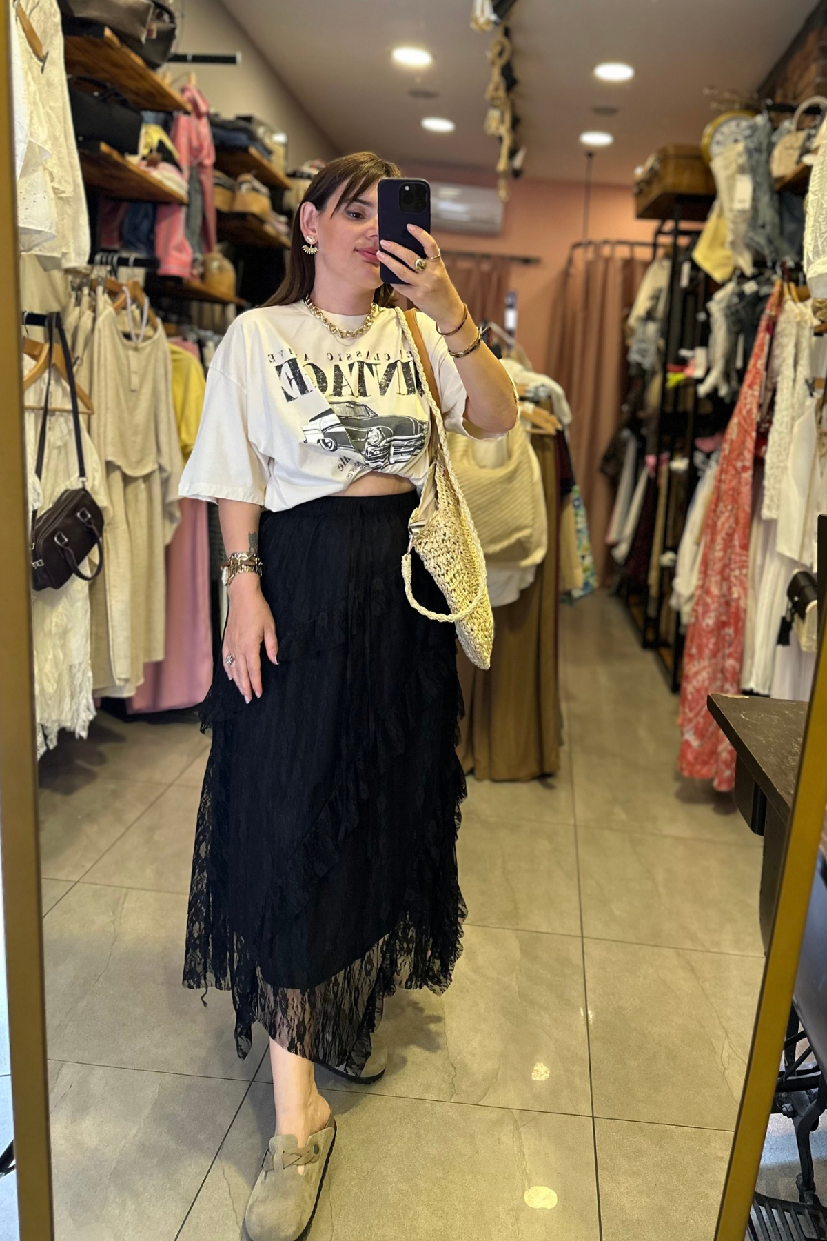 Astarlı Dantel  Etek - Siyah