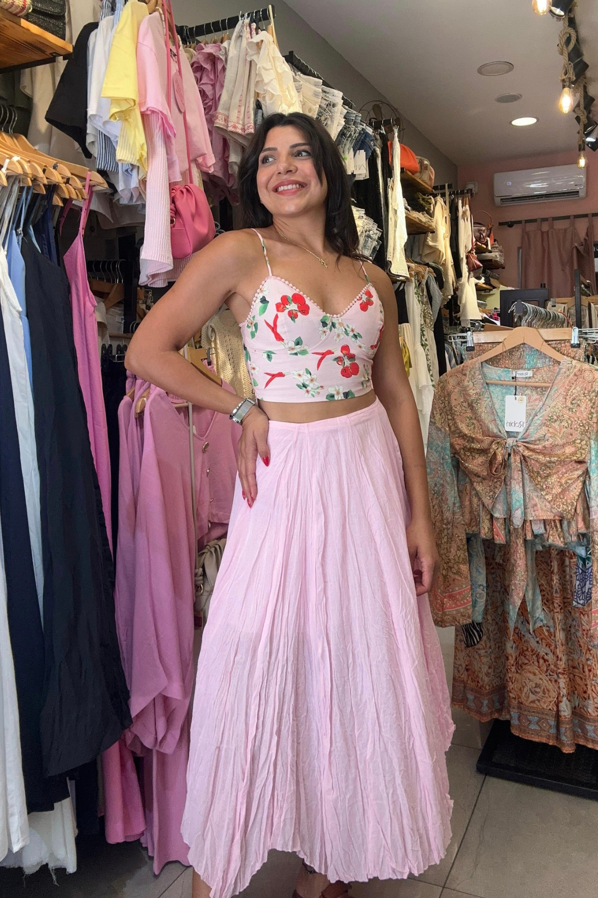 Astarlı Kırışık Kumaş Keten Midi Boy Etek - Pembe 