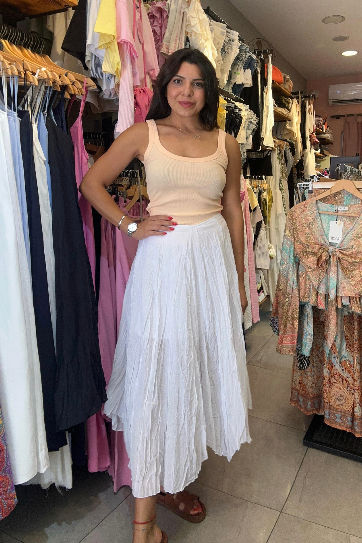 Astarlı Kırışık Kumaş Keten  Midi Boy Etek - Beyaz