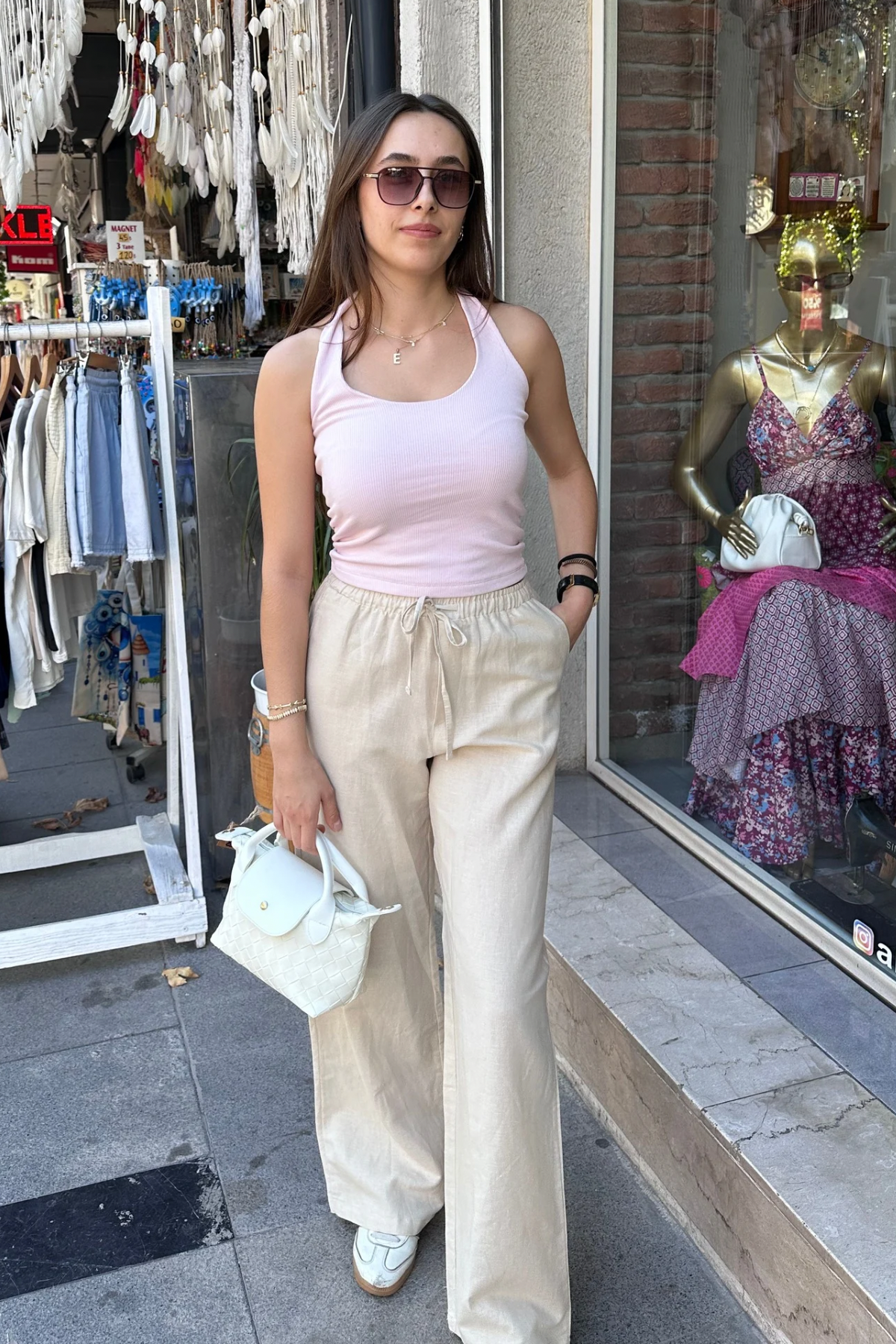 Bej Bel Bağlamalı Keten Palazzo