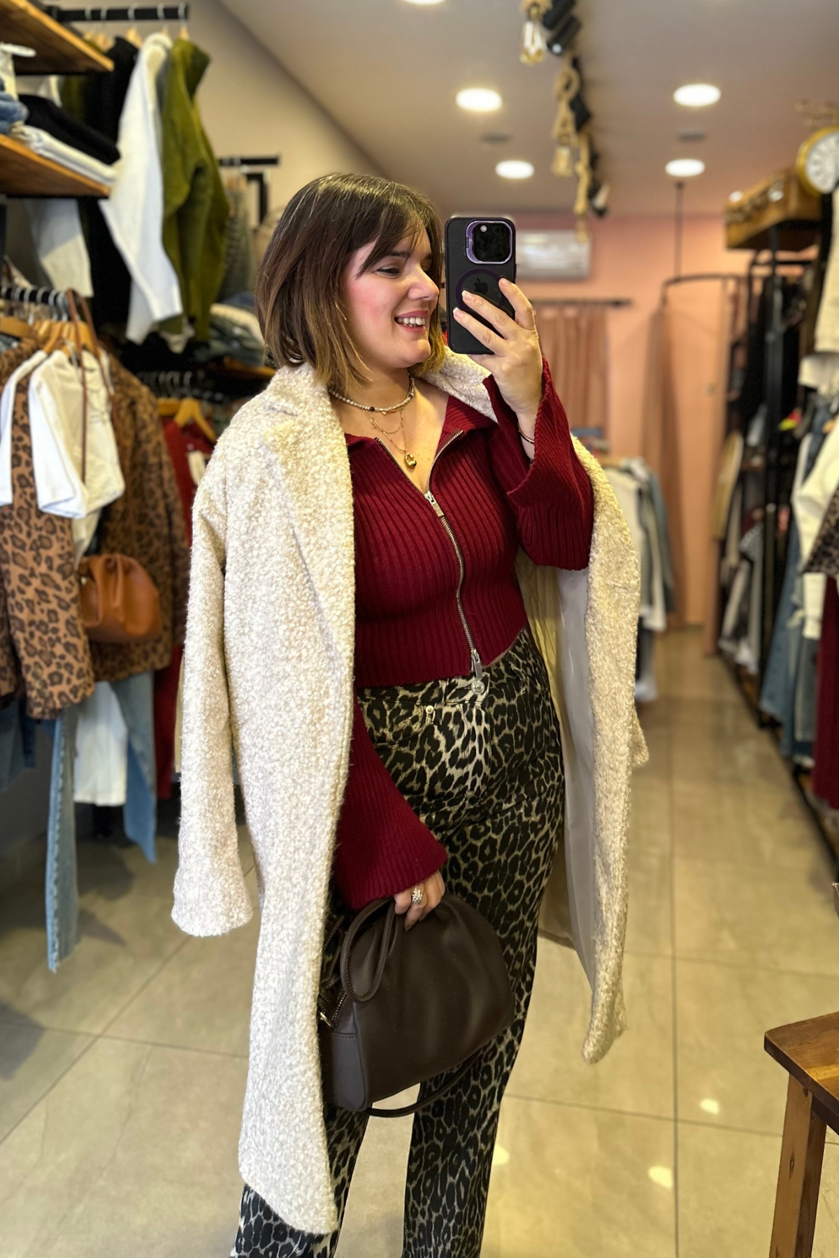 Bej Tek Düğme Buklet Kaban