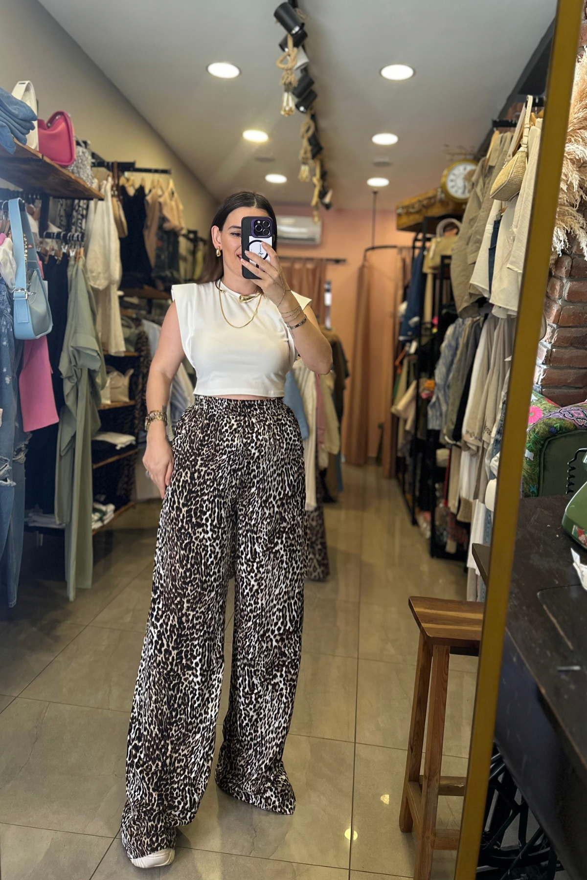 Bel Bağlamalı Viskon Kumaş Leopar Palazzo