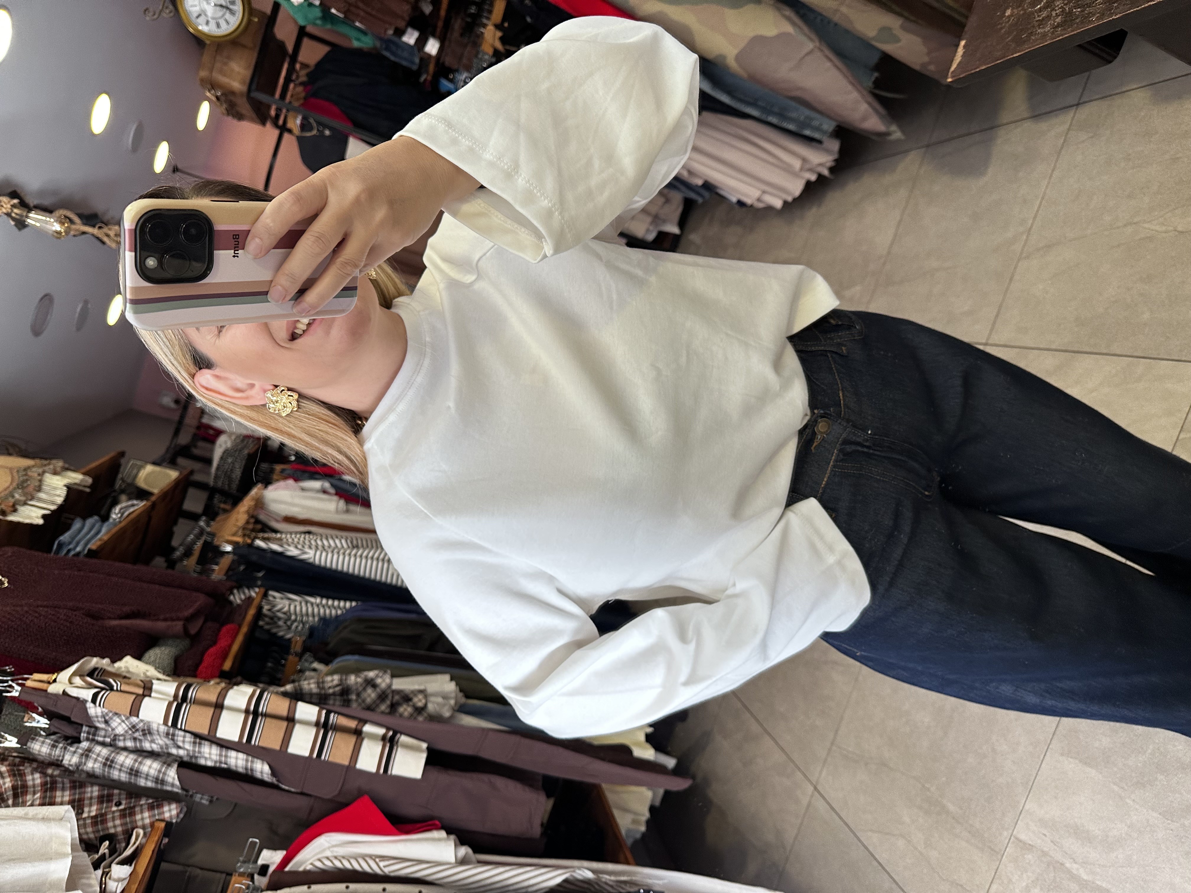 Beyaz Oversize İspanyol Kol Basic T-Shirt