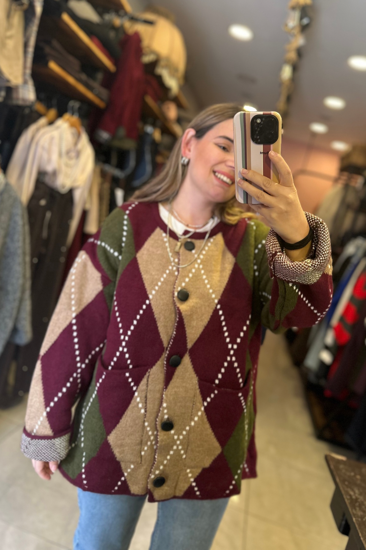 Bisiklet Yaka Bakşava Desen Triko Hırka