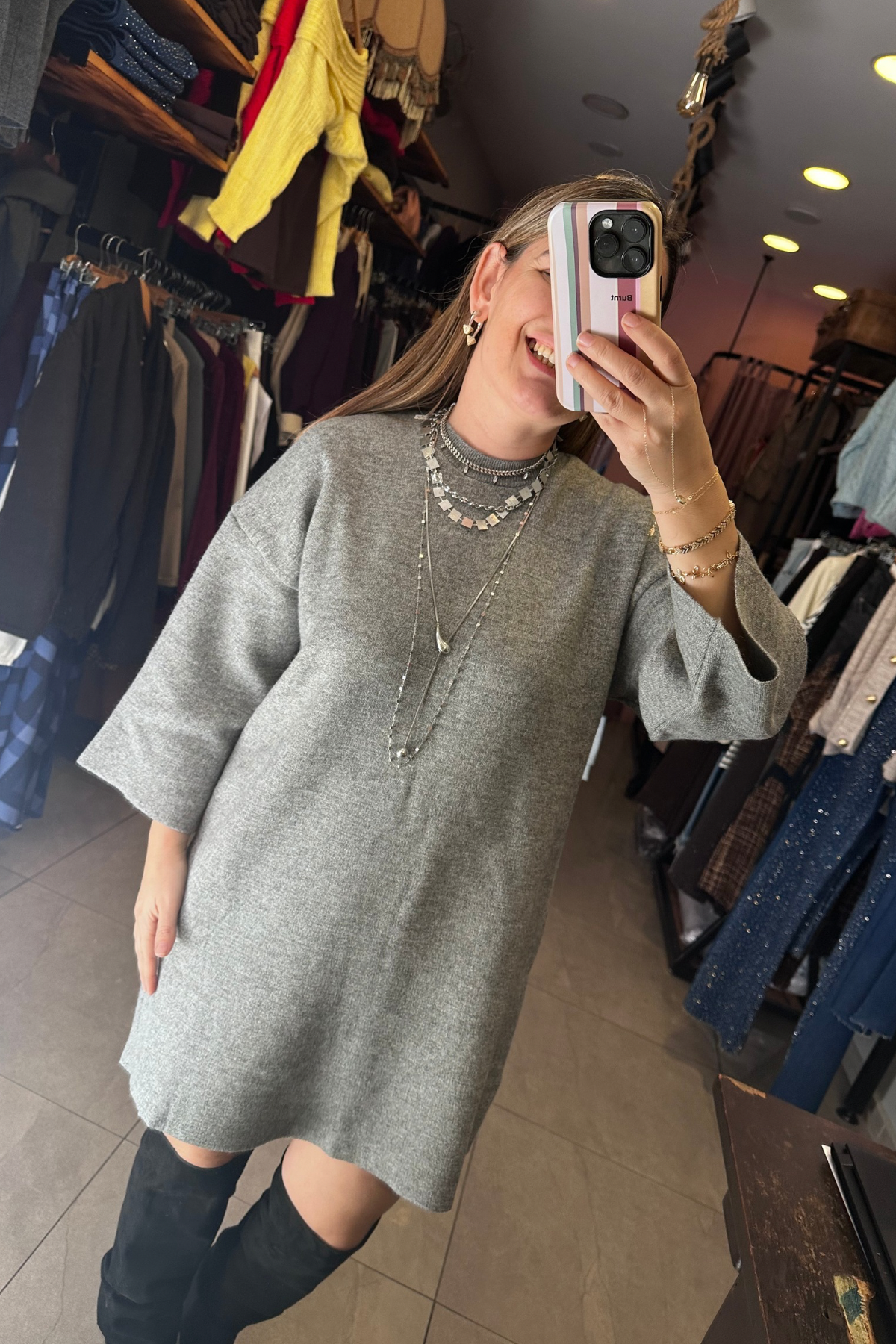 Bisiklet Yaka Duble Kol Triko Elbise