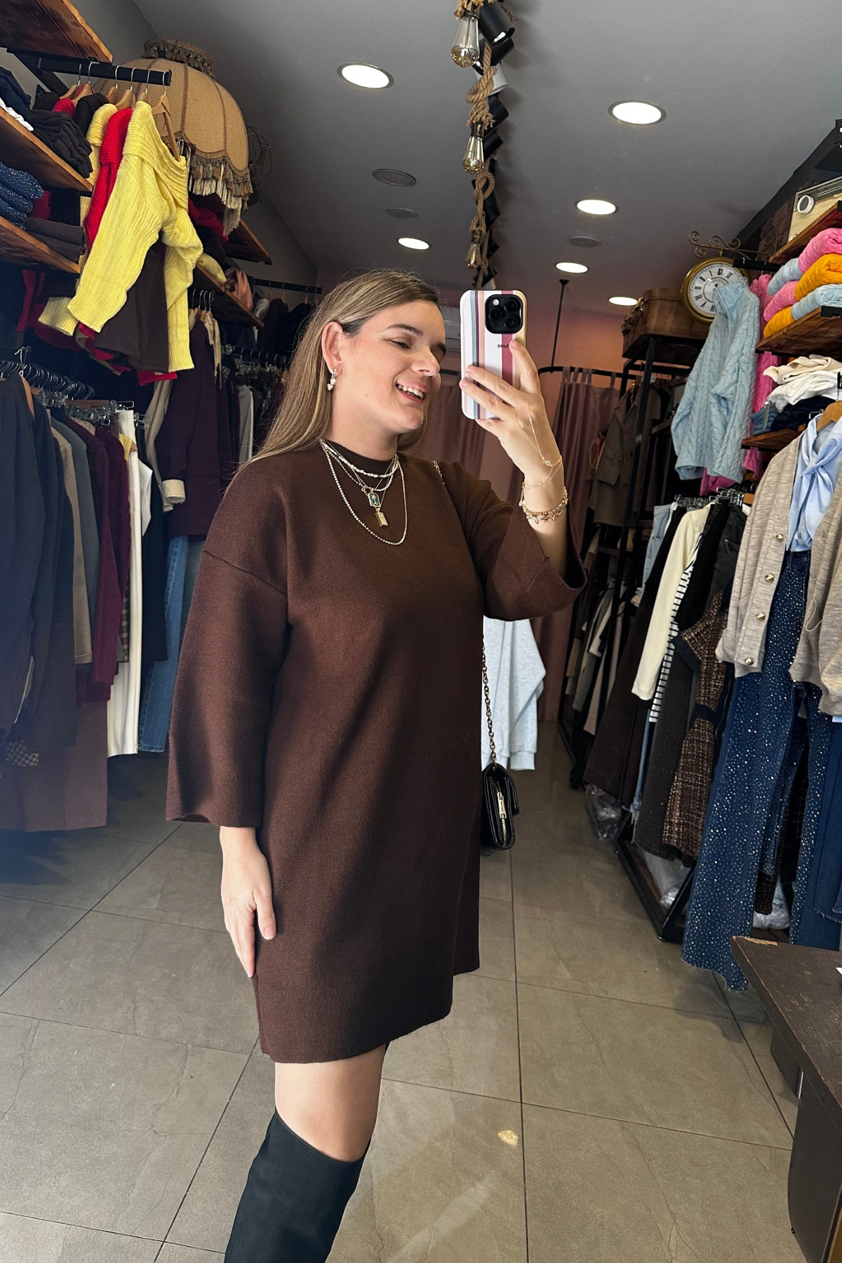 Bisiklet Yaka Duble Kol Triko Elbise- Kahverengi