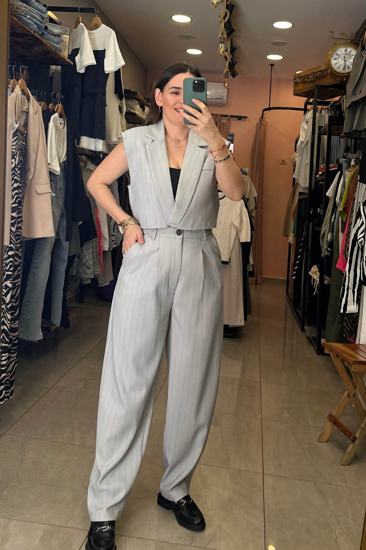 Blazer Yelekli Havuç Pantolon Çizgili Gri Takım