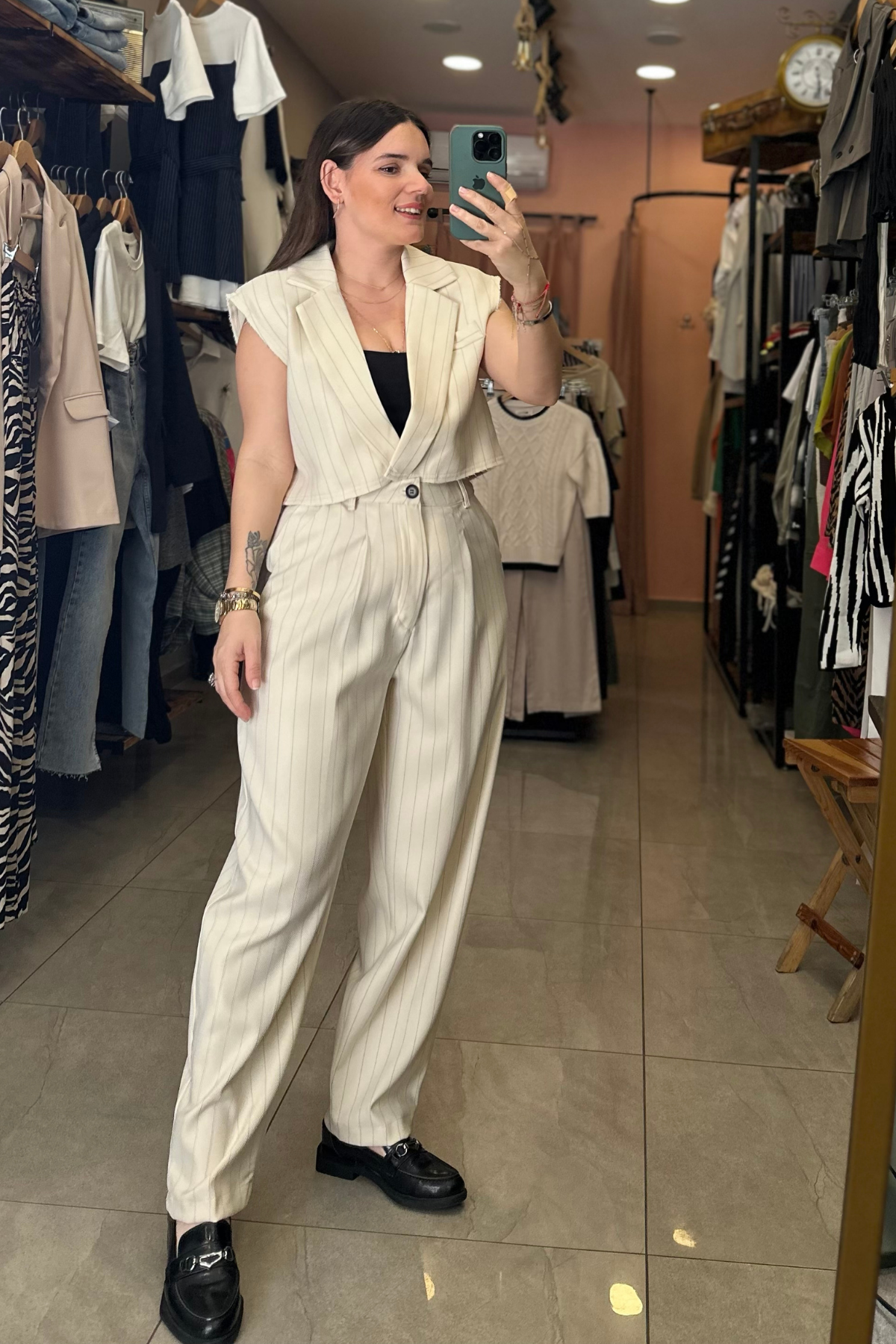 Blazer Yelekli Havuç Pantolon Çizgili Ekru Takım