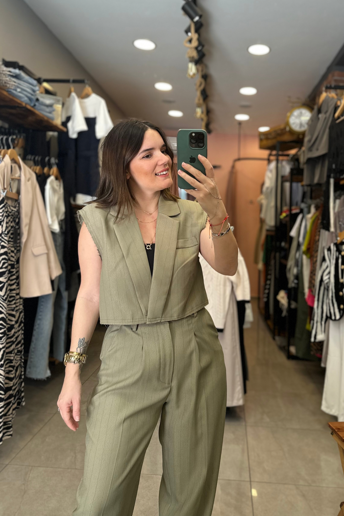 Blazer Yelekli Havuç Pantolon Yeşil Çizgili Takım