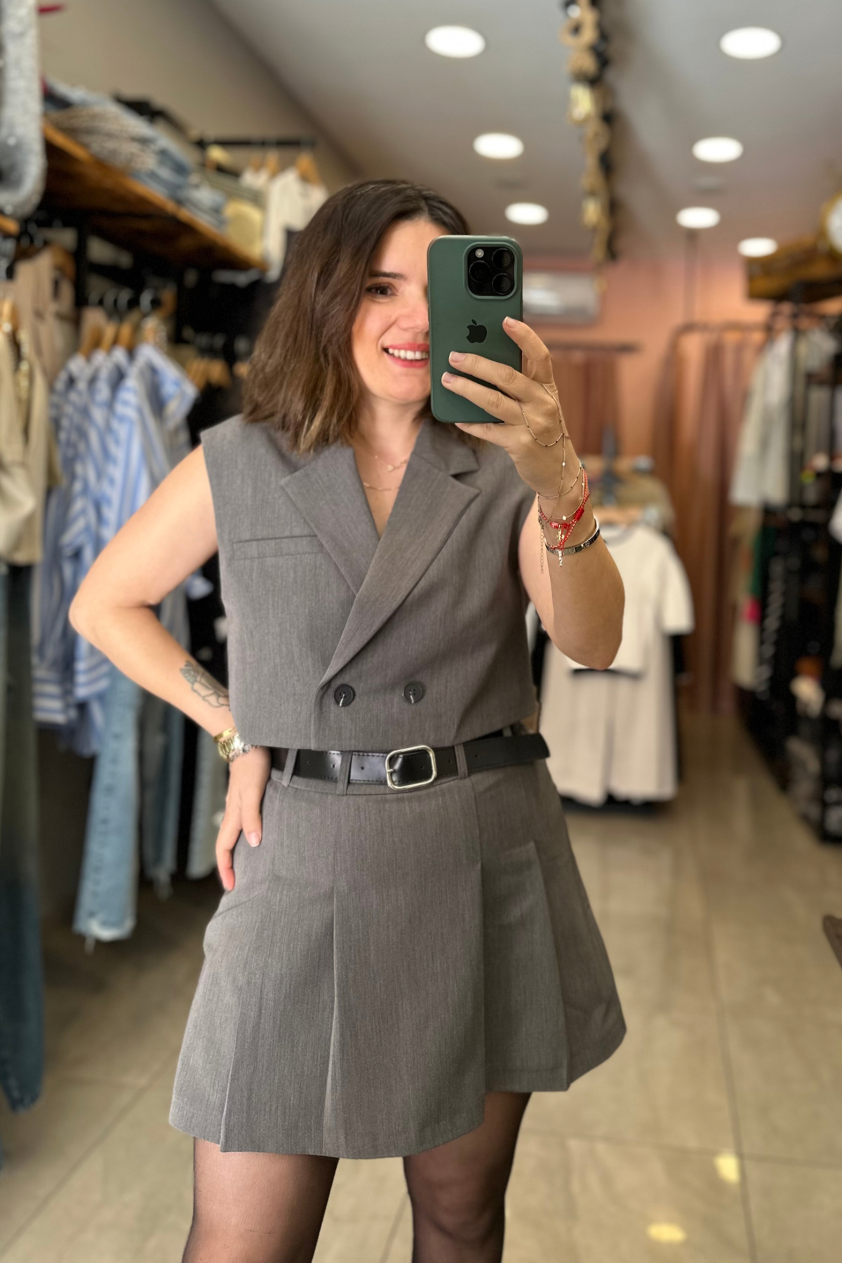Blazer Yelekli Şort Etek Gri Takım 