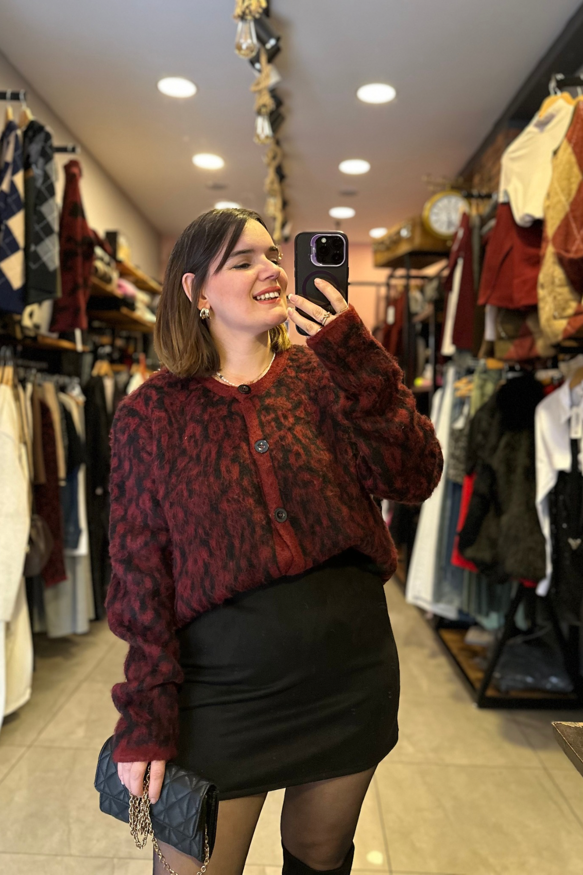Bordo Leopar Desen Yumoş Hırka 