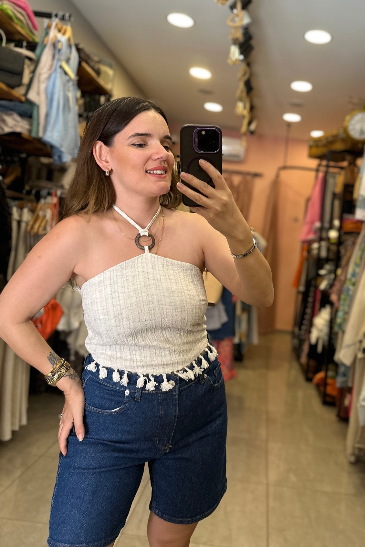 Boyundan Bağlamalı Bej Püsküllü Crop