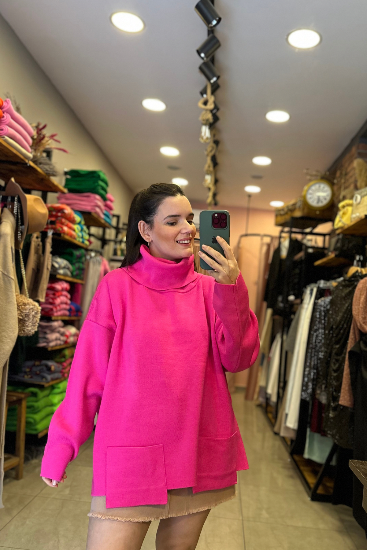 Cep detay balıkçı yaka modal triko - fuşya