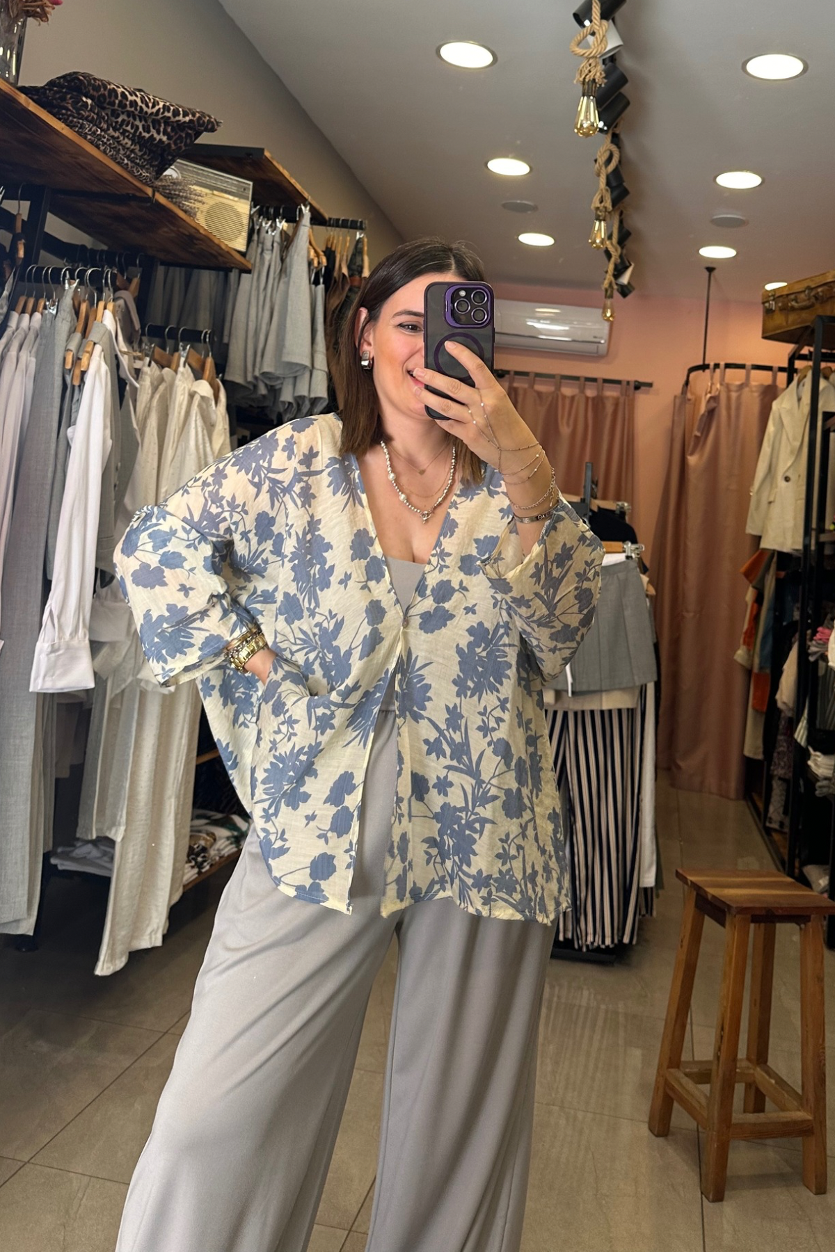 Çiçek Desen Mavi Kimono