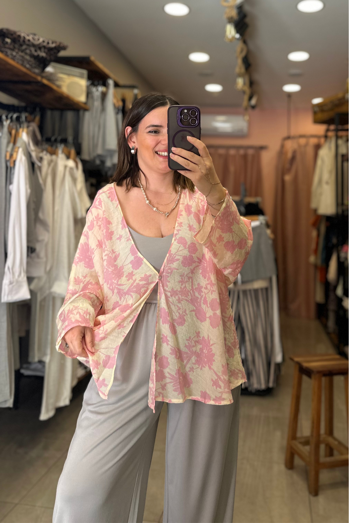 Çiçek Desen Pembe Kimono