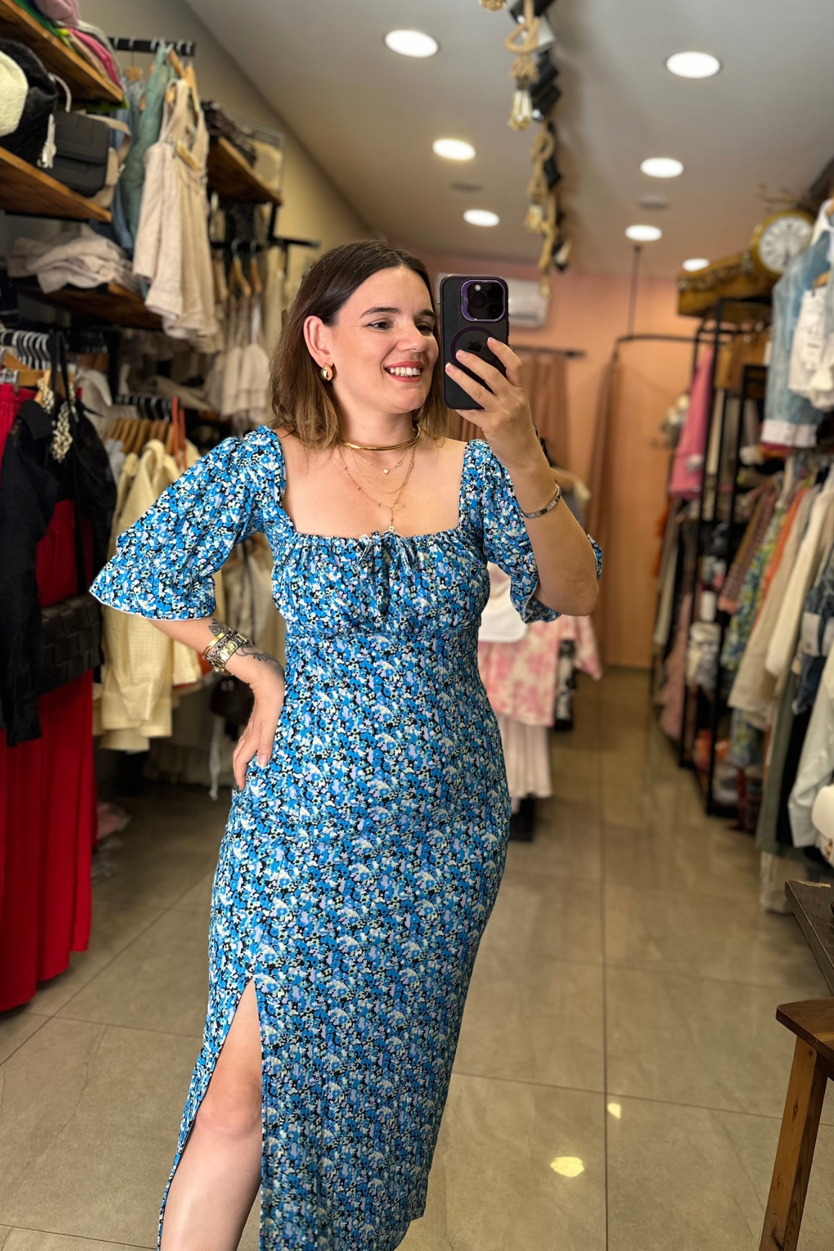 Çiçekli Balon Kol Mavi Elbise