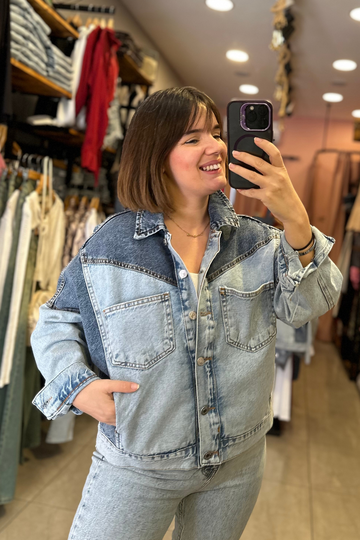 Çift Renk Oversize Denim Ceket