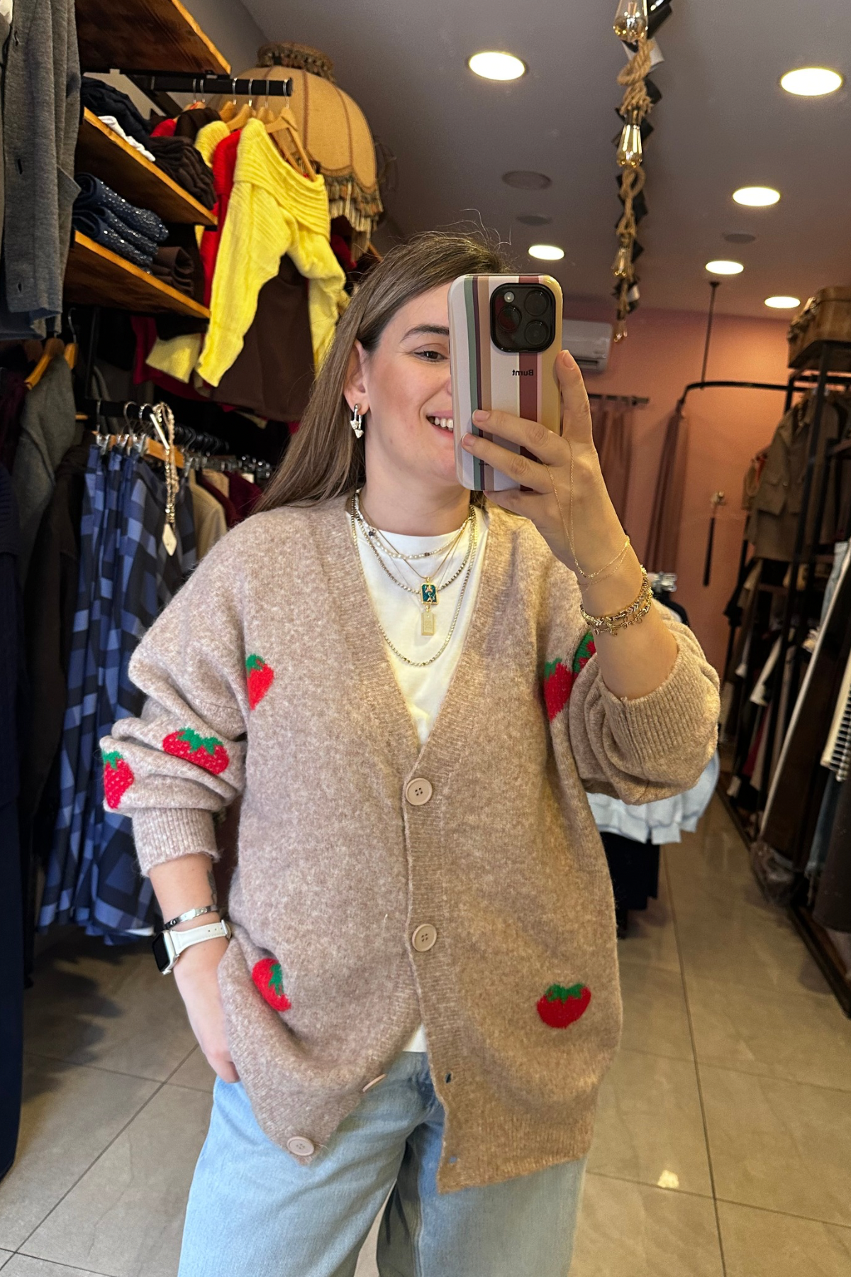 Çilek Desenli Triko Hırka 