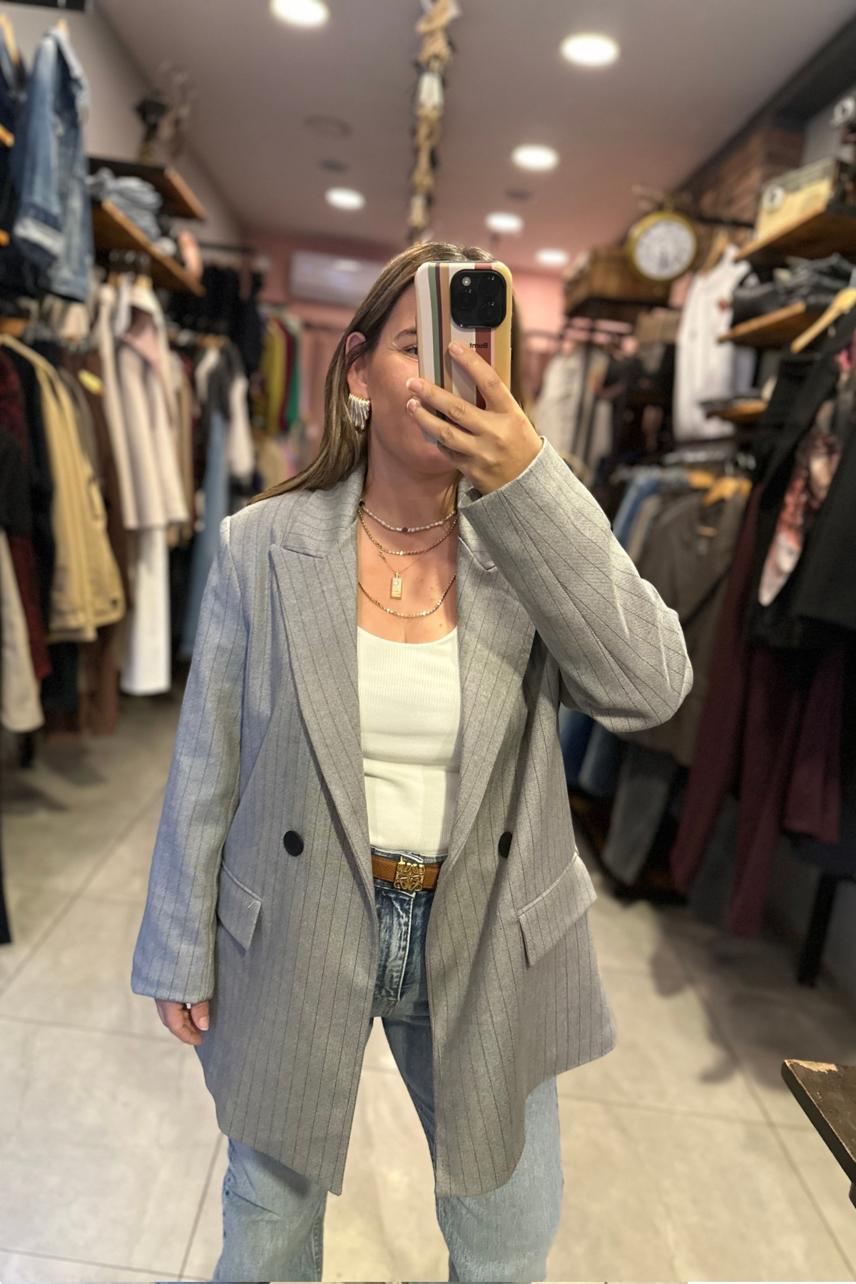 Çizgili Blazer - Gri