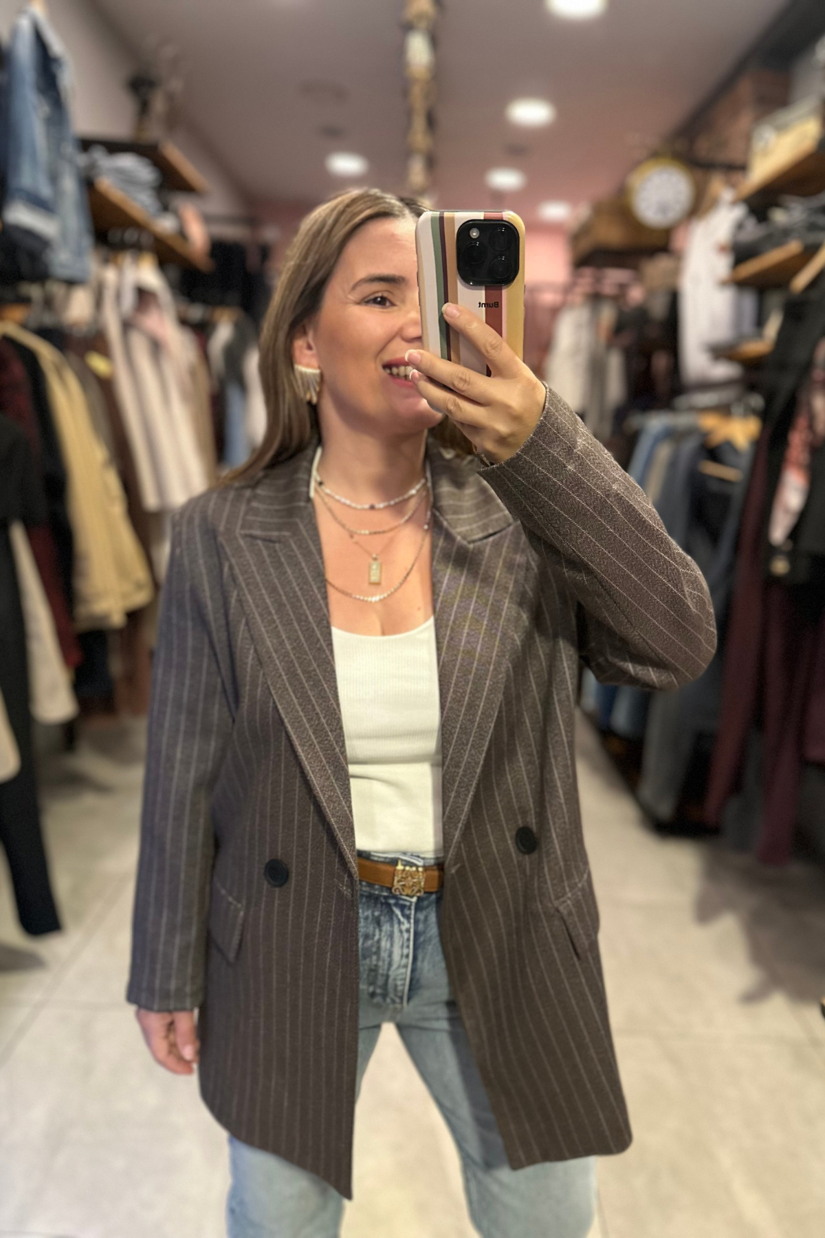 Çİzgili Blazer - Kahve 