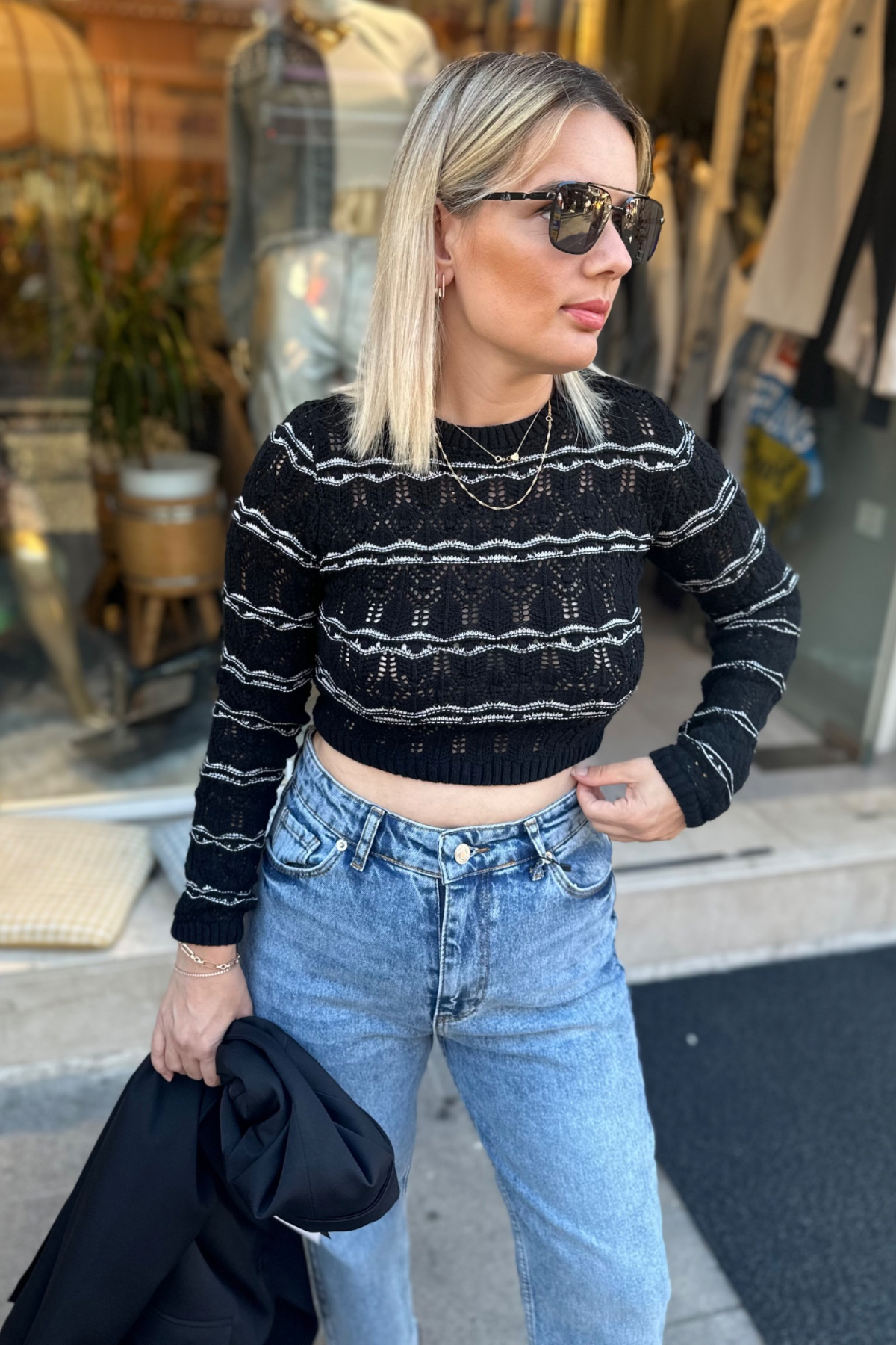 Çizgili Crop Boy Merserize