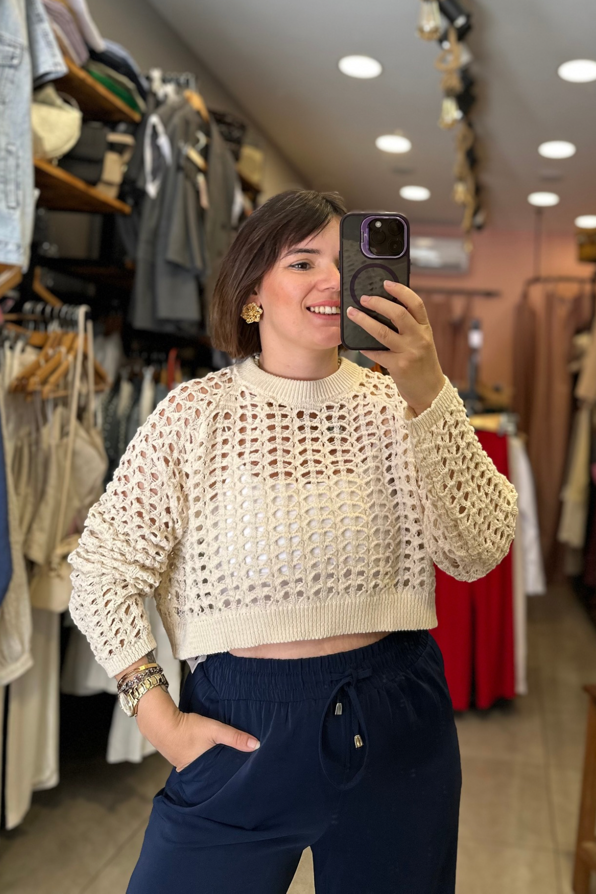 Crop Boy Ajurlu Triko - Ekru