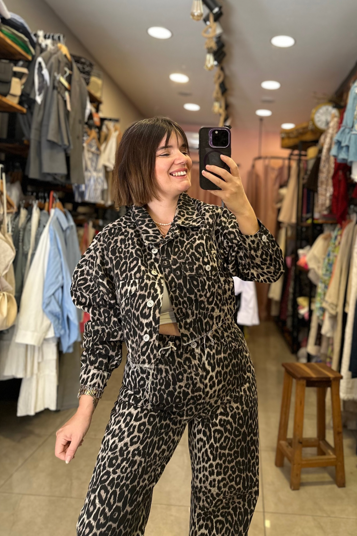 Crop Boy Leopar Gabardin Ceket