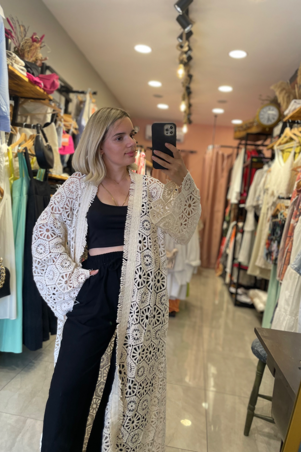 Dantel Uzun Kimono - EKRU