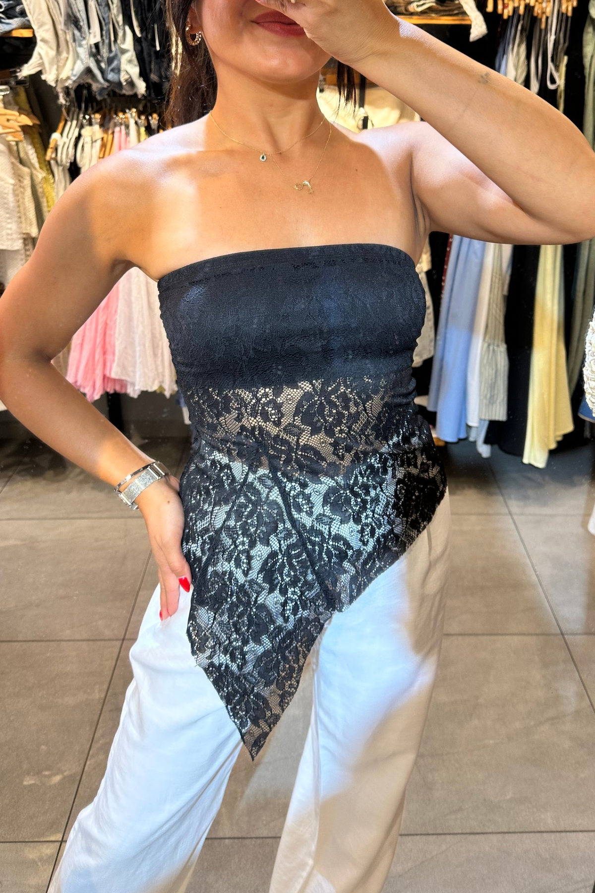 Dantelli Straplez Bluz - Siyah