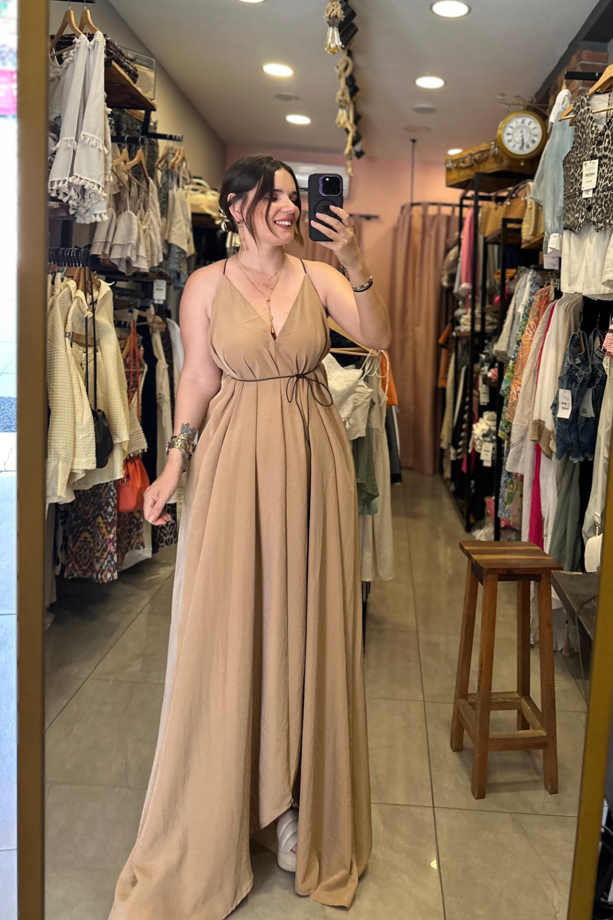 Deri Askılı Zarif Elbise - Camel