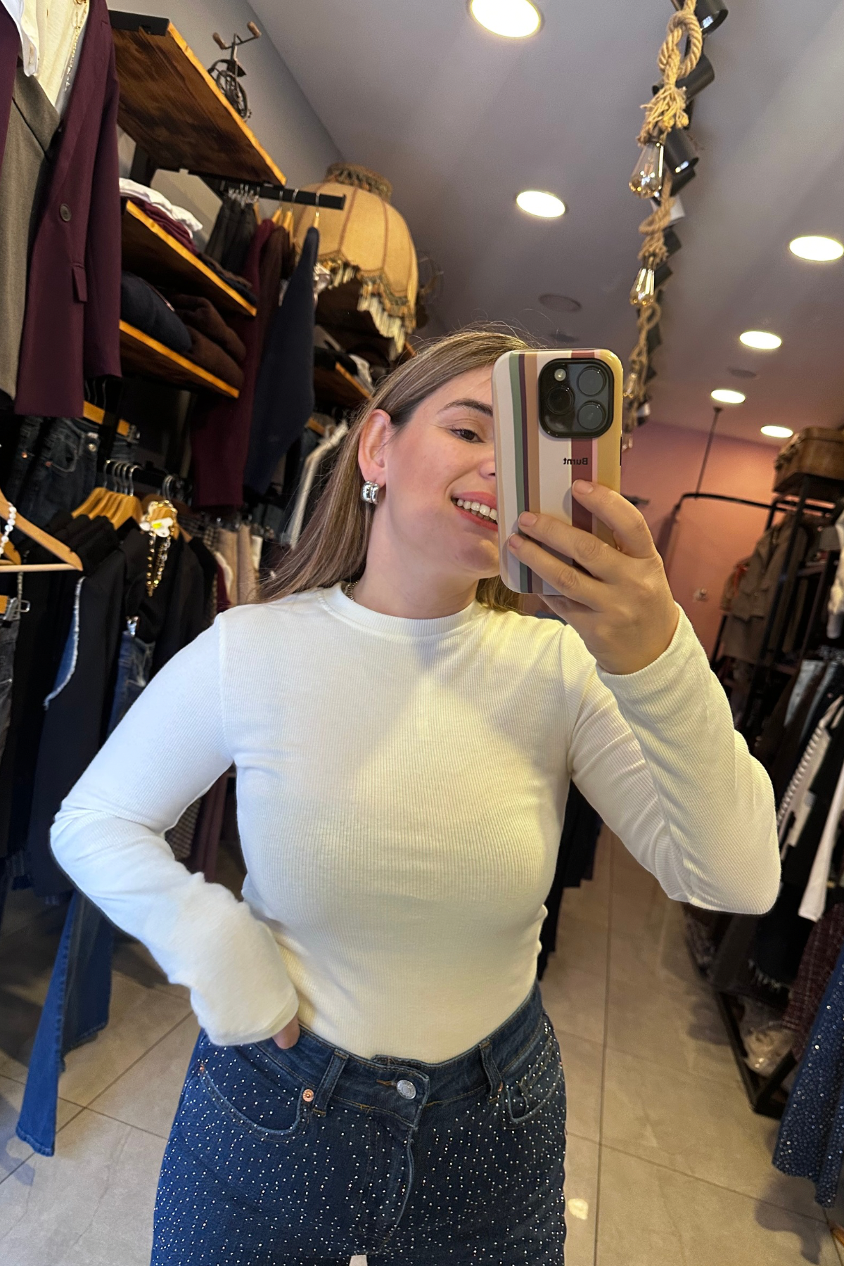 Dik Yaka Fitilli Bluz - Beyaz