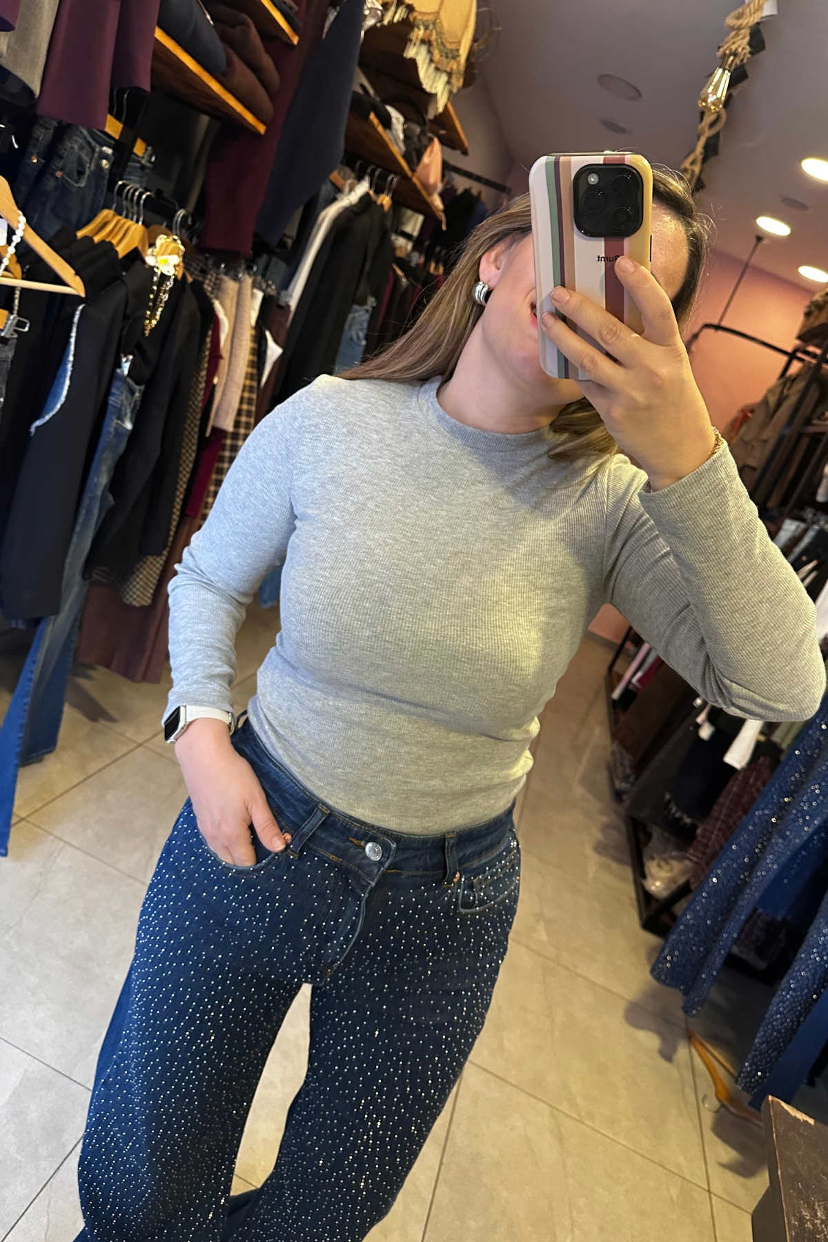 Dik Yaka Fitilli Bluz - Gri