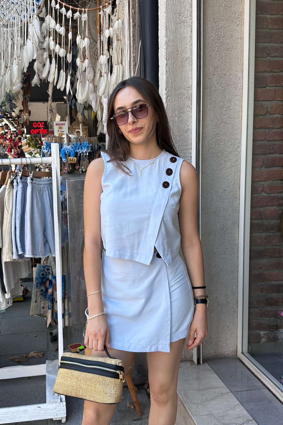 Düğme Detaylı Keten Takım - bebe mavisi