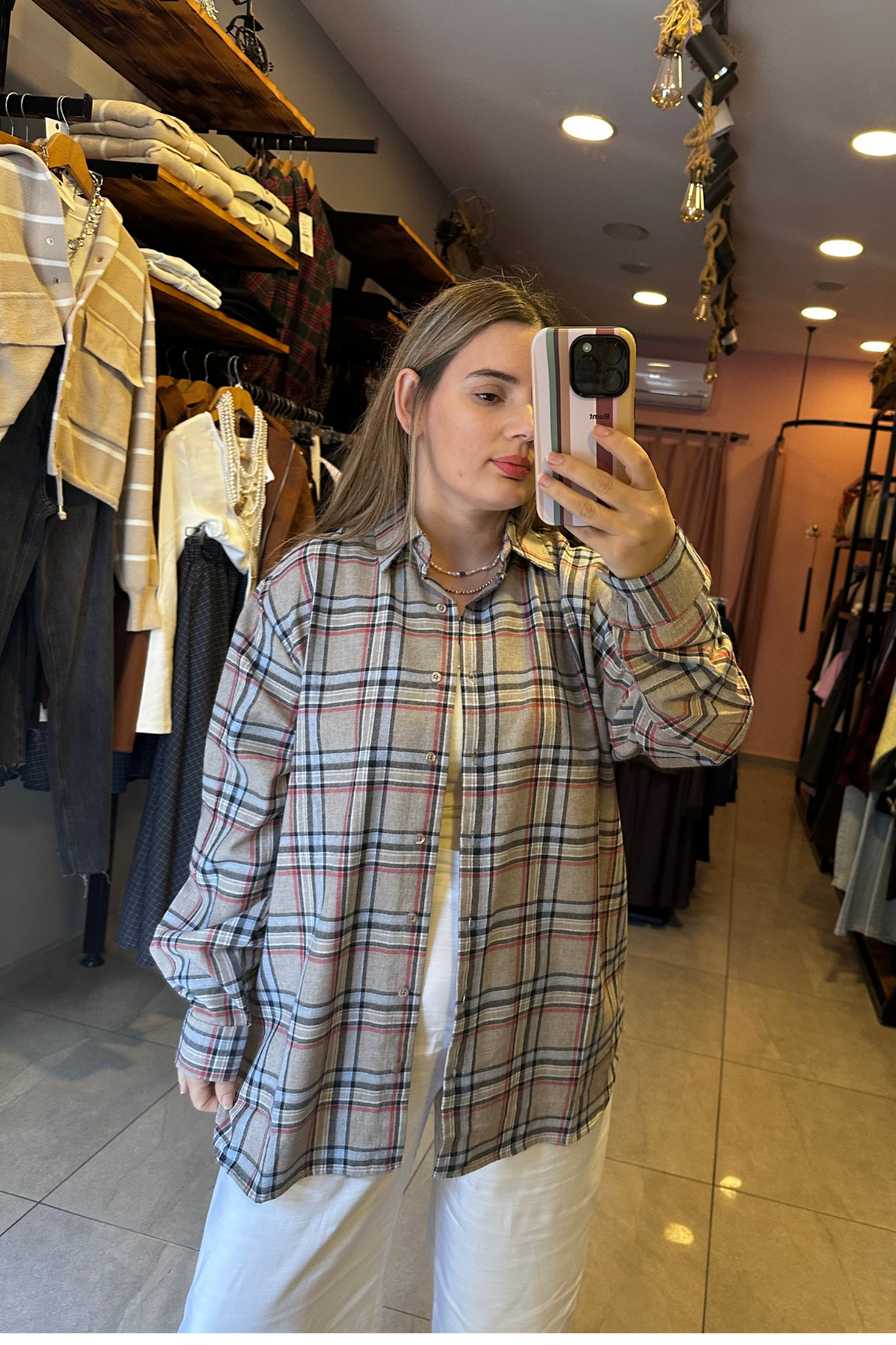 Ekoseli Gömlek - Krem