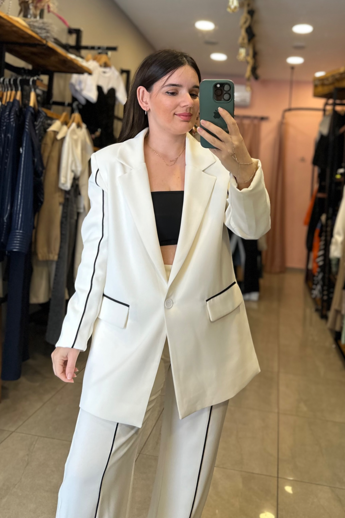 Ekru Siyah Şerit Detay Blazer Takım