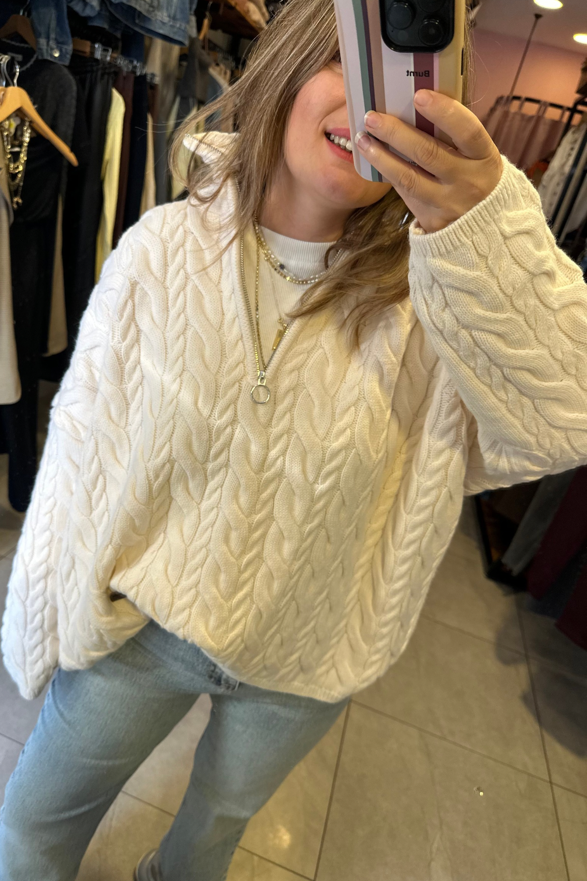 Fermuarlı Örgü Triko Kazak - Taş