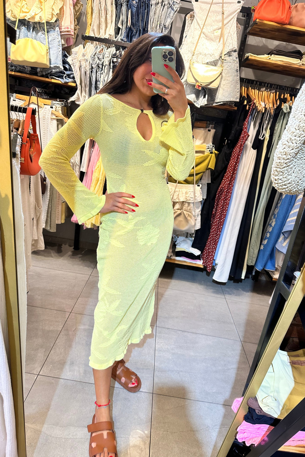 Fırfır Detay Triko Elbise - Sarı