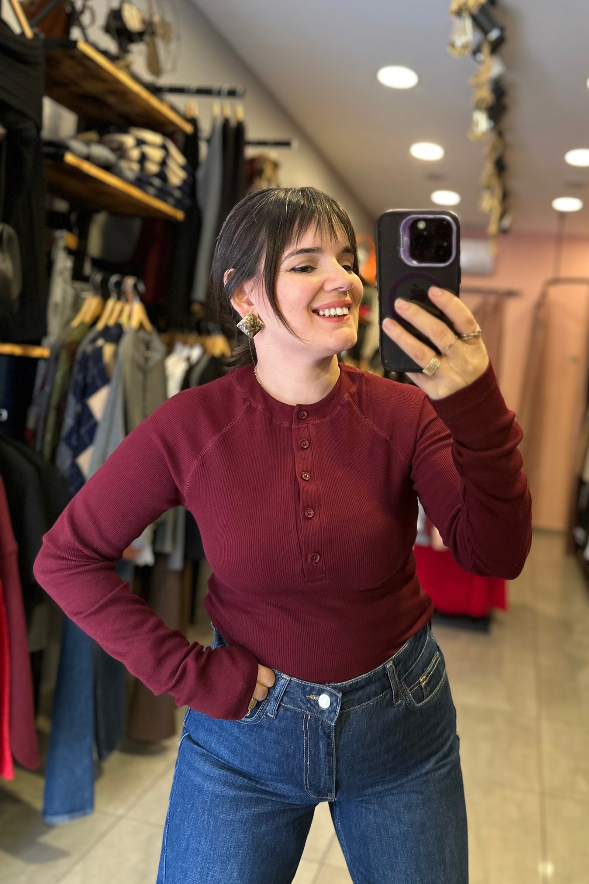 Fitilli Düğme Detaylı Triko - Bordo